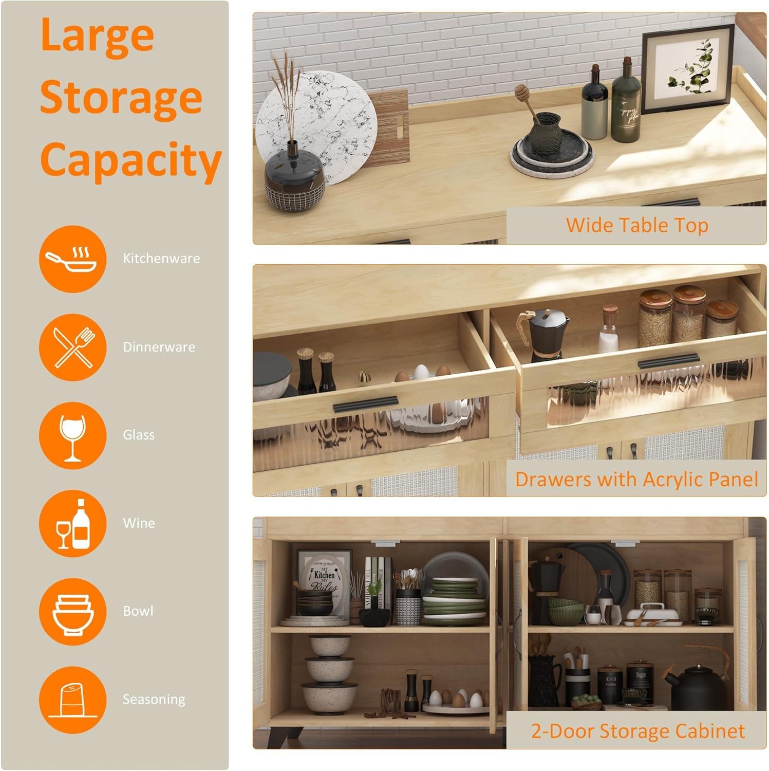 Garvee Sideboard Buffet Cabinet with Power Outlet & LED Light - Kitchen Storage Cabinet with 2 Fluted Acrylic Drawers & 4 Rattan Doors, Pink