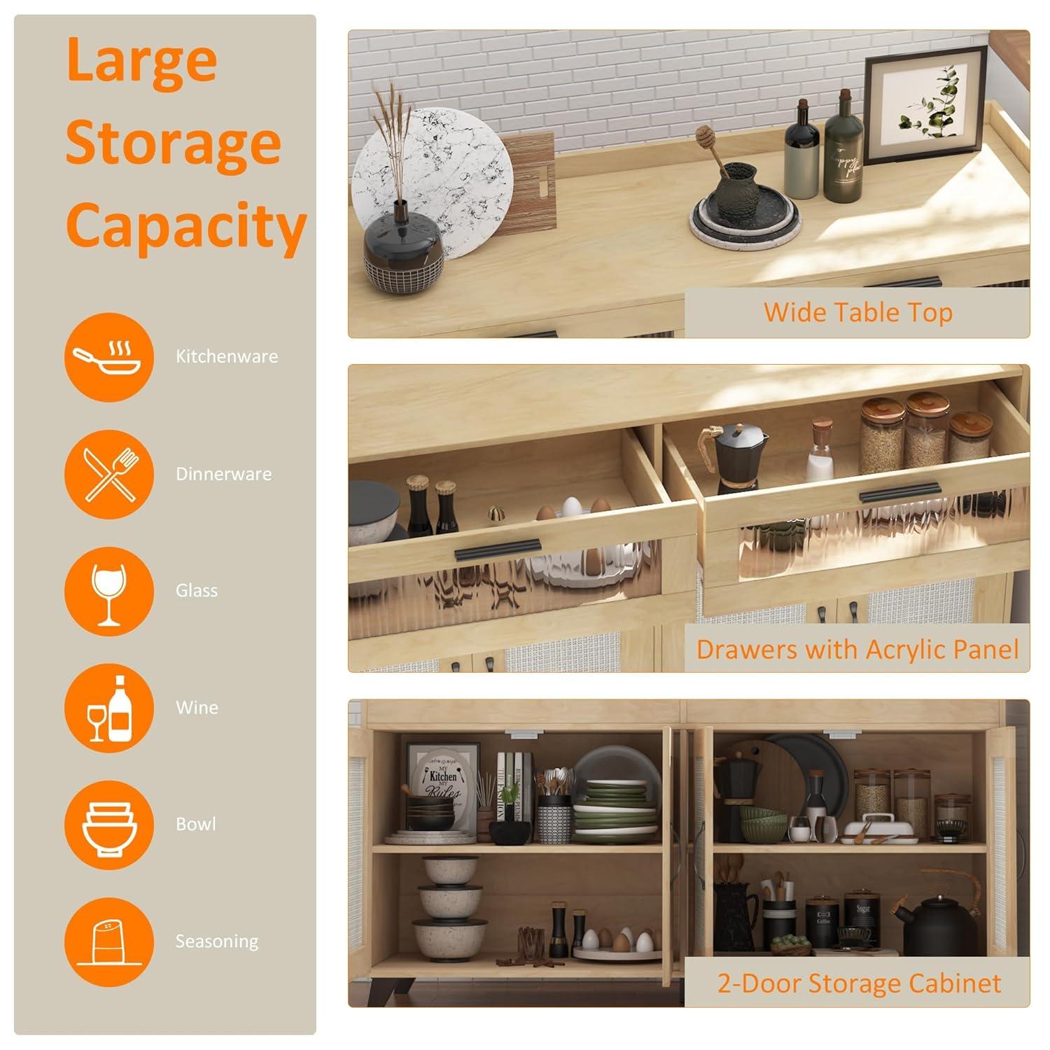 Garvee Sideboard Buffet Cabinet with Power Outlet & LED Light - Kitchen Storage Cabinet with 2 Fluted Acrylic Drawers & 4 Rattan Doors, Pink