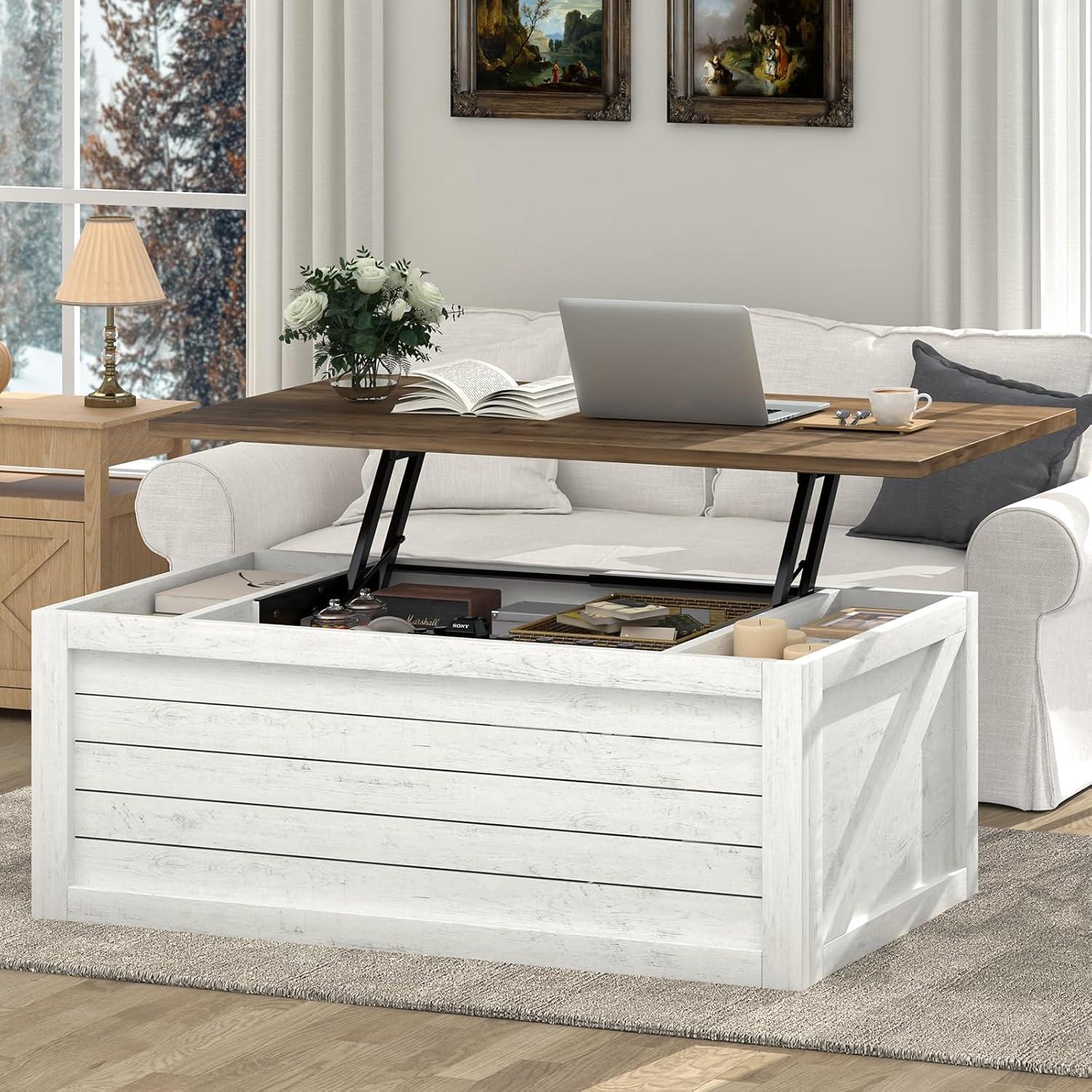 47.3" Lift Top Coffee Table, Farmhouse Coffee Table for Living Room, White Lift Top Coffee Table with Large Hidden Storage Compartment and Sliding Barn Doors, White