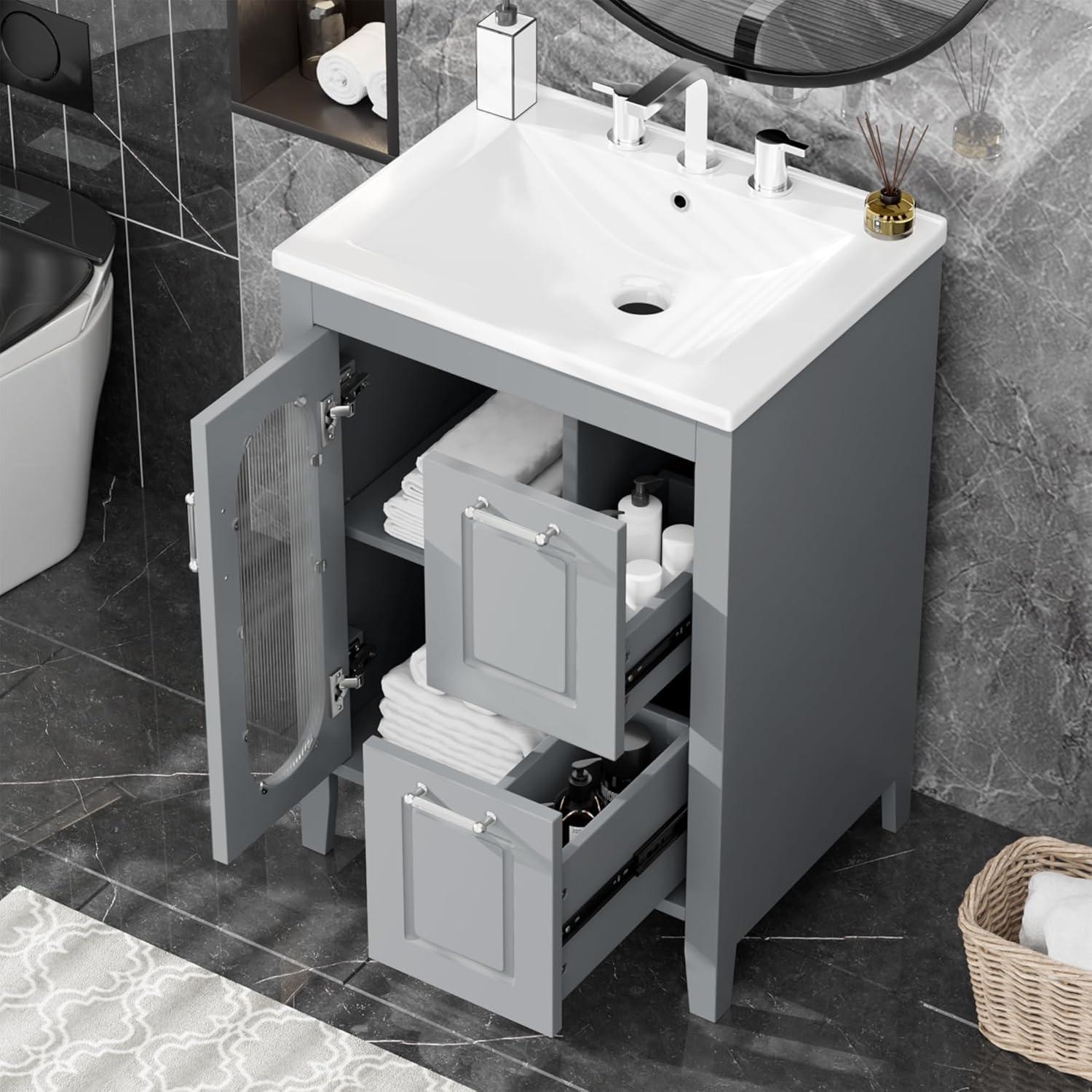 Tryimagine 24" Bathroom Vanity With Sink, Bathroom Vanity Cabinet With Two Drawers And Door, Adjustable Shelf, Solid Wood And MDF
