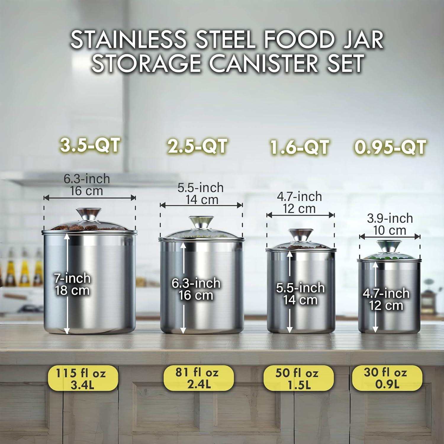 Cooks Standard Stainless Steel Food Jar Storage Canister Set Medium 4-Piece, 0.95qt/1.6qt/2.5qt/3.5qt Airtight Containers with Glass Lid for Tea Coffee Sugar Flour