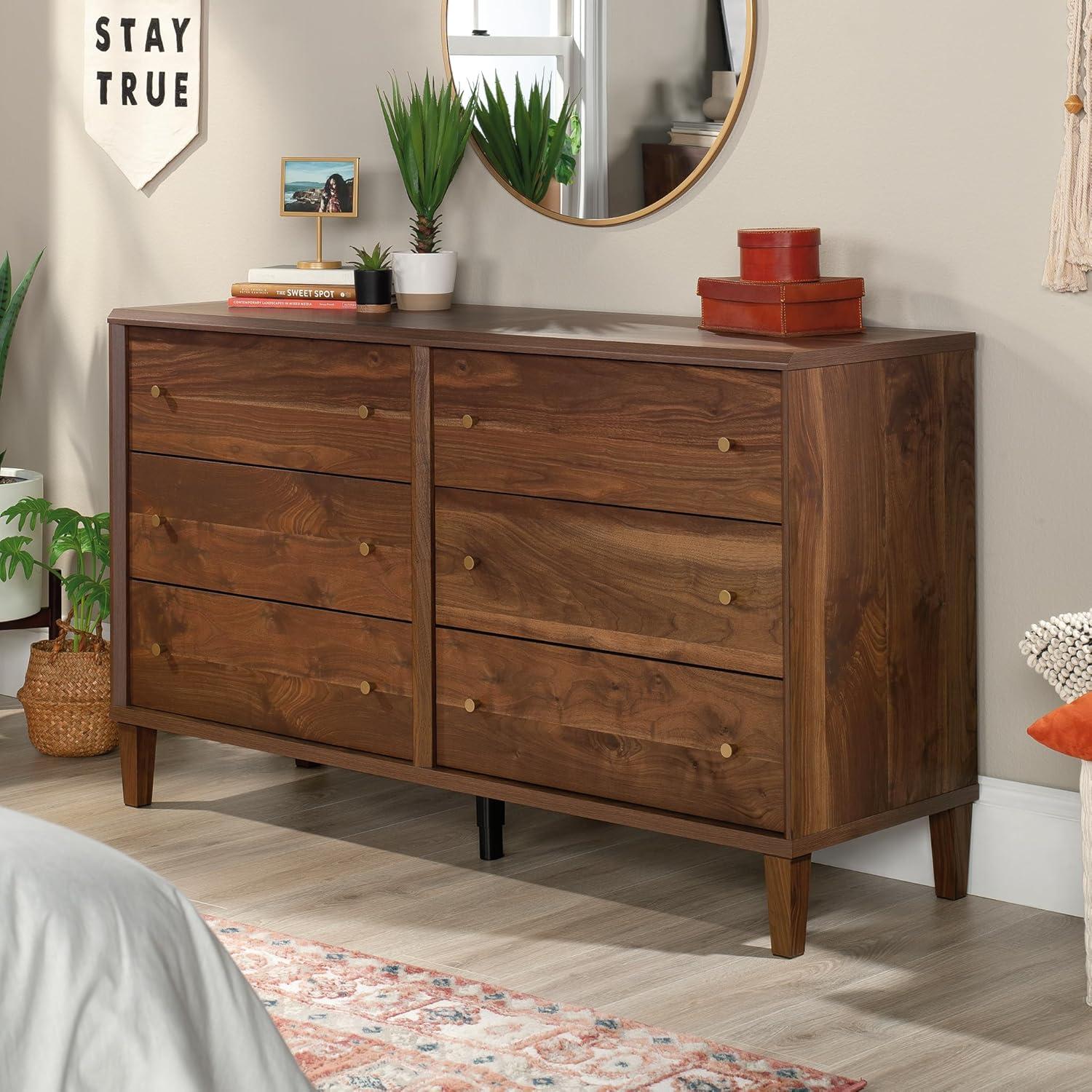 Grand Walnut Mid-Century Modern Double Dresser with Mirror