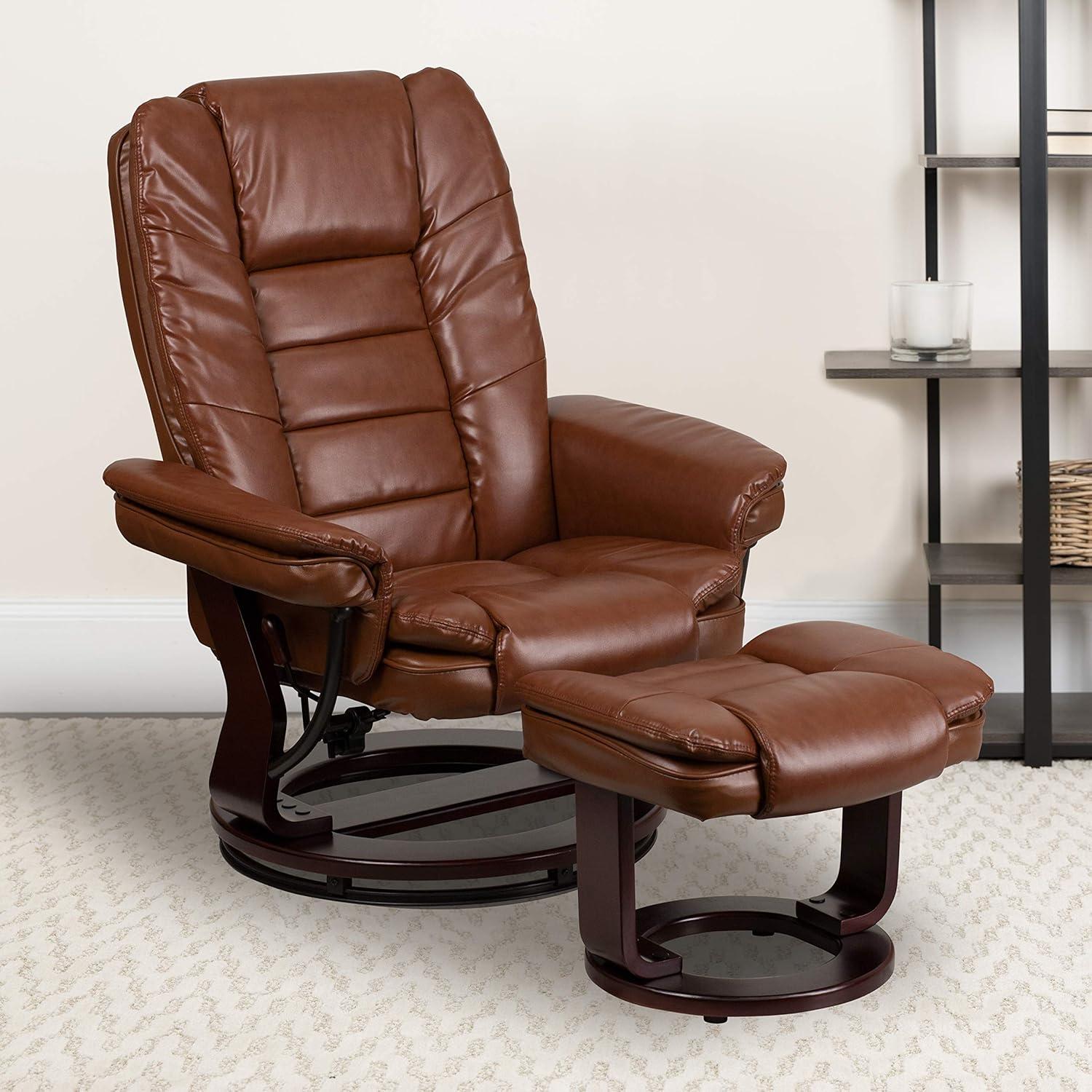 Brown Leather Swivel Recliner with Mahogany Wood Base