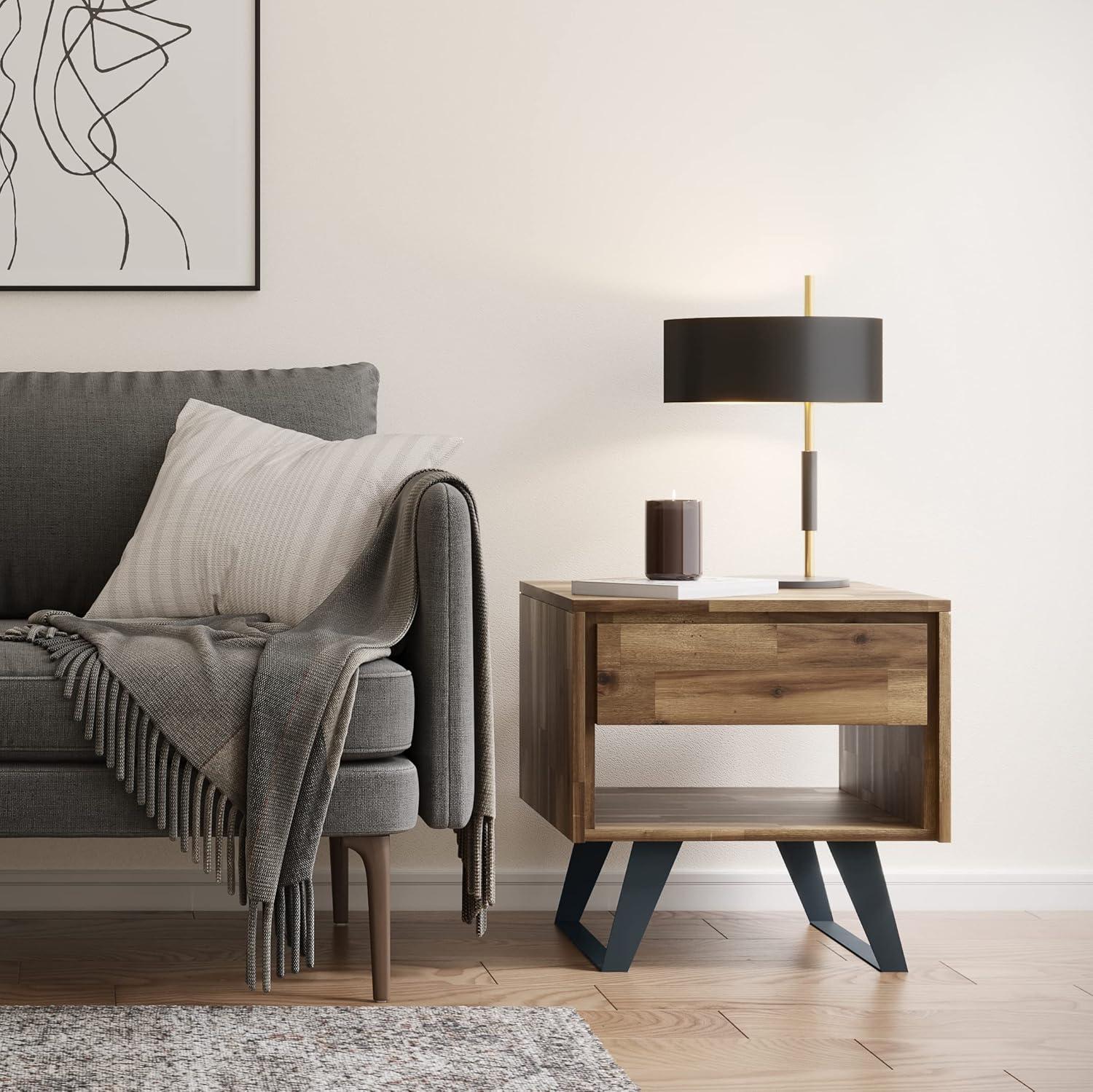 Lowry 22"W Solid Acacia Wood Square End Table with Storage Drawer