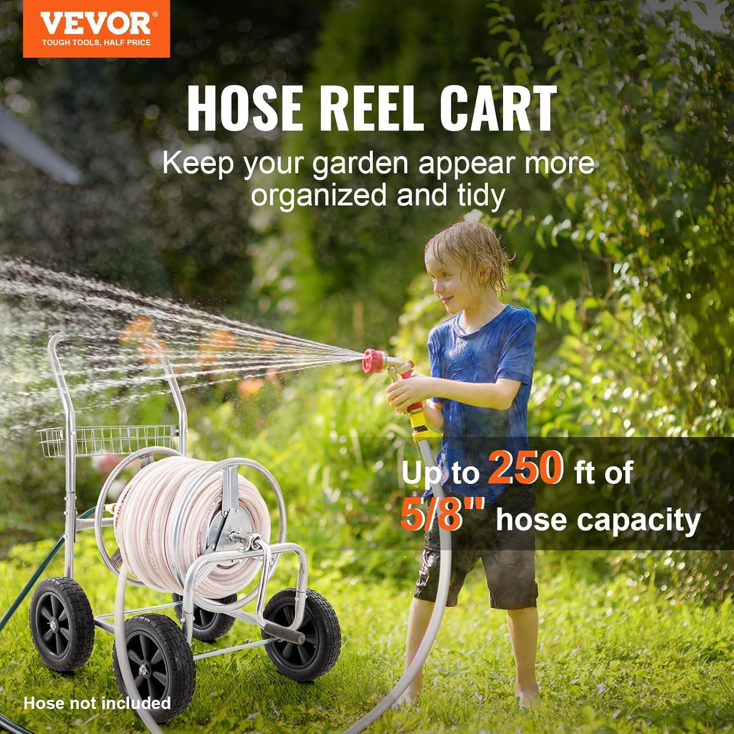 Heavy Duty Silver Steel Garden Hose Reel Cart with Storage Basket