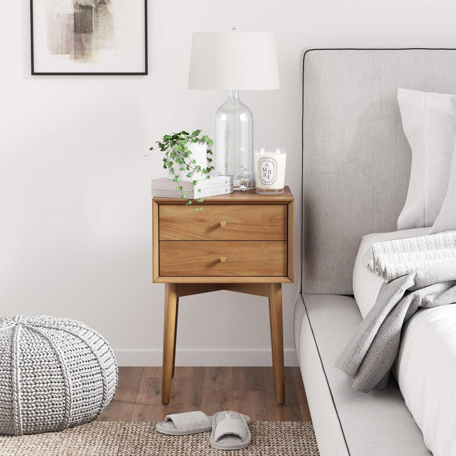 Harper Mid-Century Oak Wood Nightstand with Vintage Brass Hardware