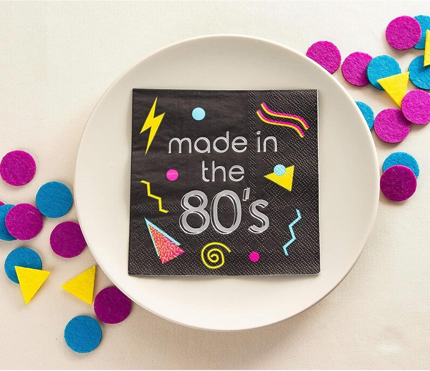 Juvale 80s Cocktail Napkins - 50-Pack Made in the 80s in Silver Foil Disposable Napkins, Black