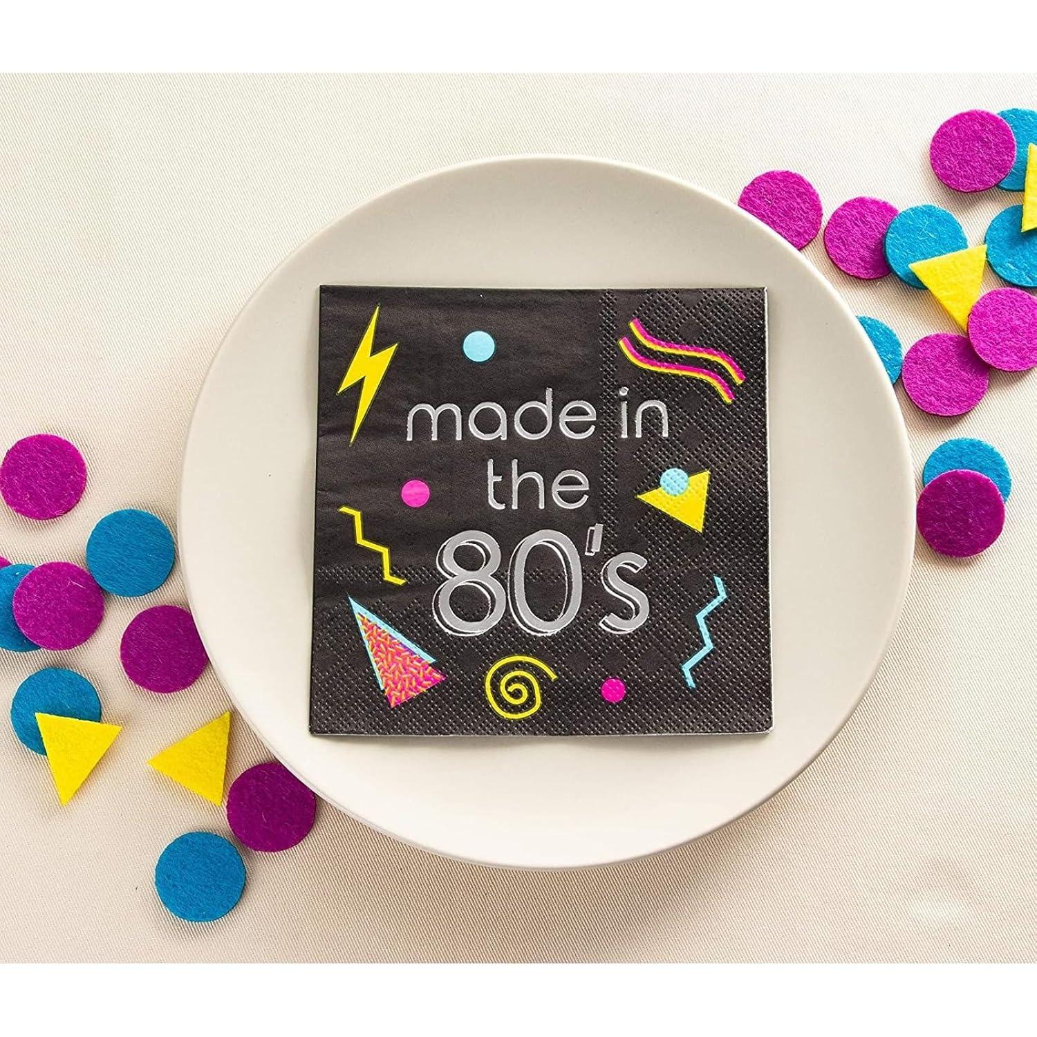 Juvale 80s Cocktail Napkins - 50-Pack Made in the 80s in Silver Foil Disposable Napkins, Black