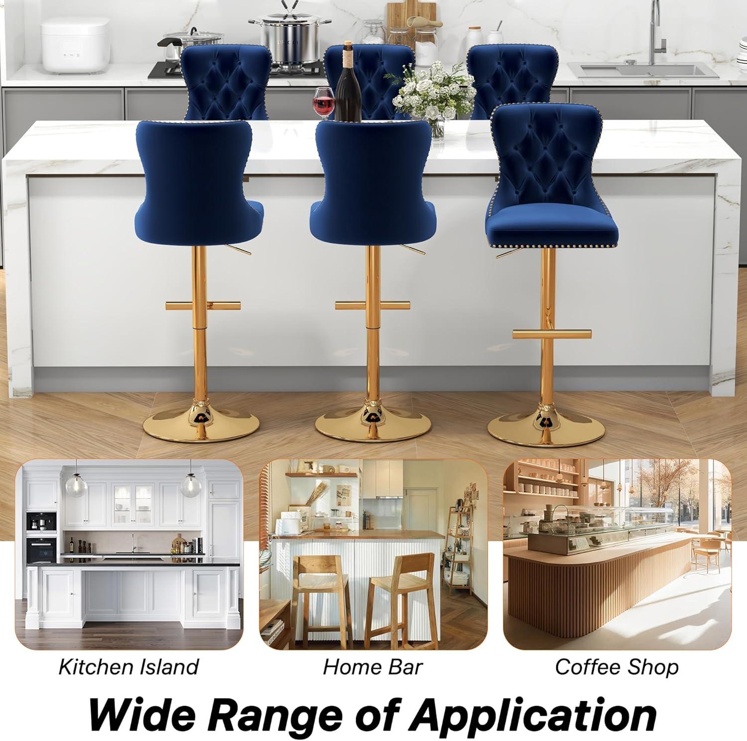 Swivel Bar Stools Set of 2, Height Adjustable Dining Chairs with Rivets, Button Tufted Back and Metal Footrest, Velvet Upholstered Side Chairs, Armless Chairs for Dining Room Bar Kitchen Island