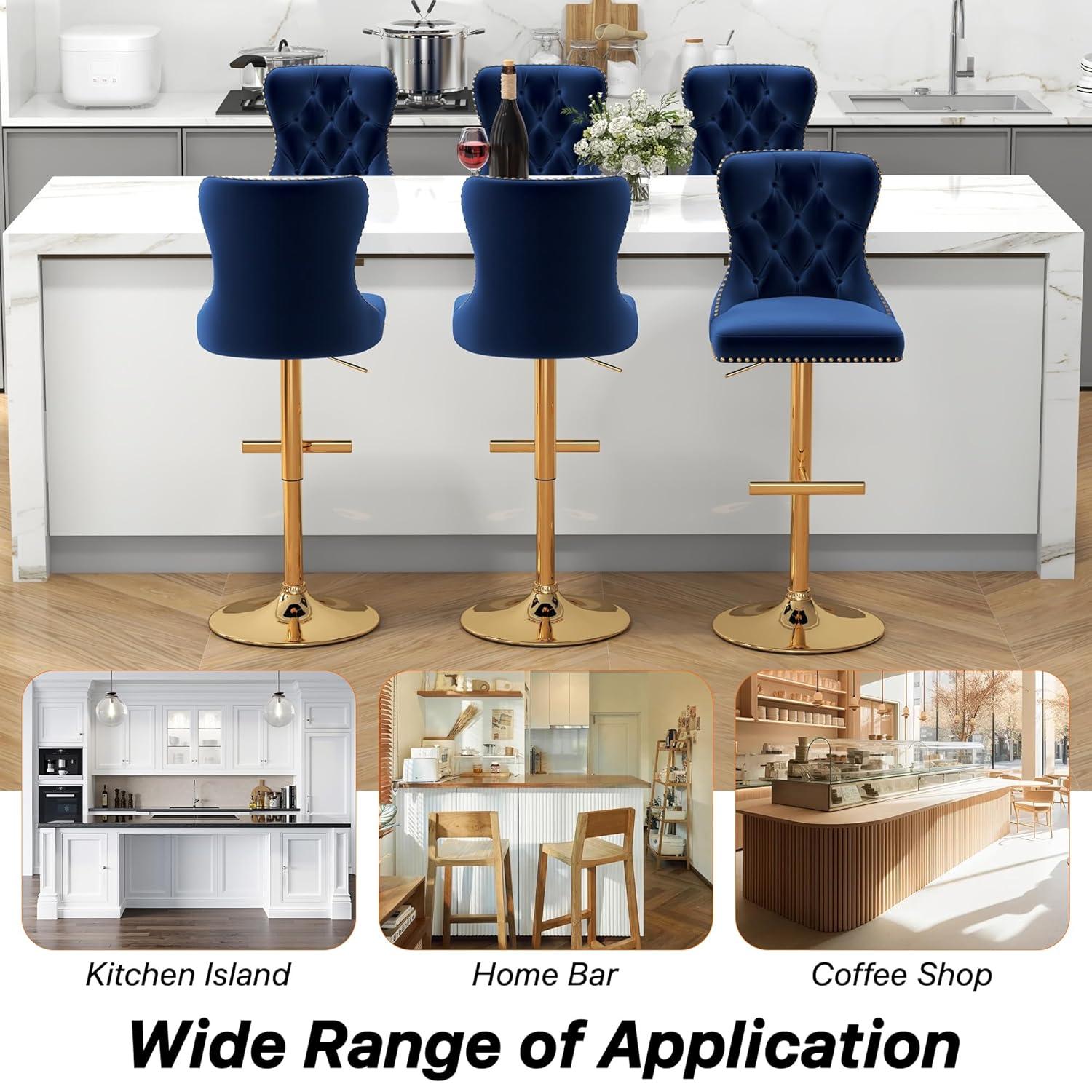Sesslife Bar Stools with Back Set of 2, 360° Swivel Upholstered Thickened Velvet Fabric High Barstool with Golden Nail Trim, Adjustable Seat Height, Counter Height Bar Chairs for Kitchen Island, Blue