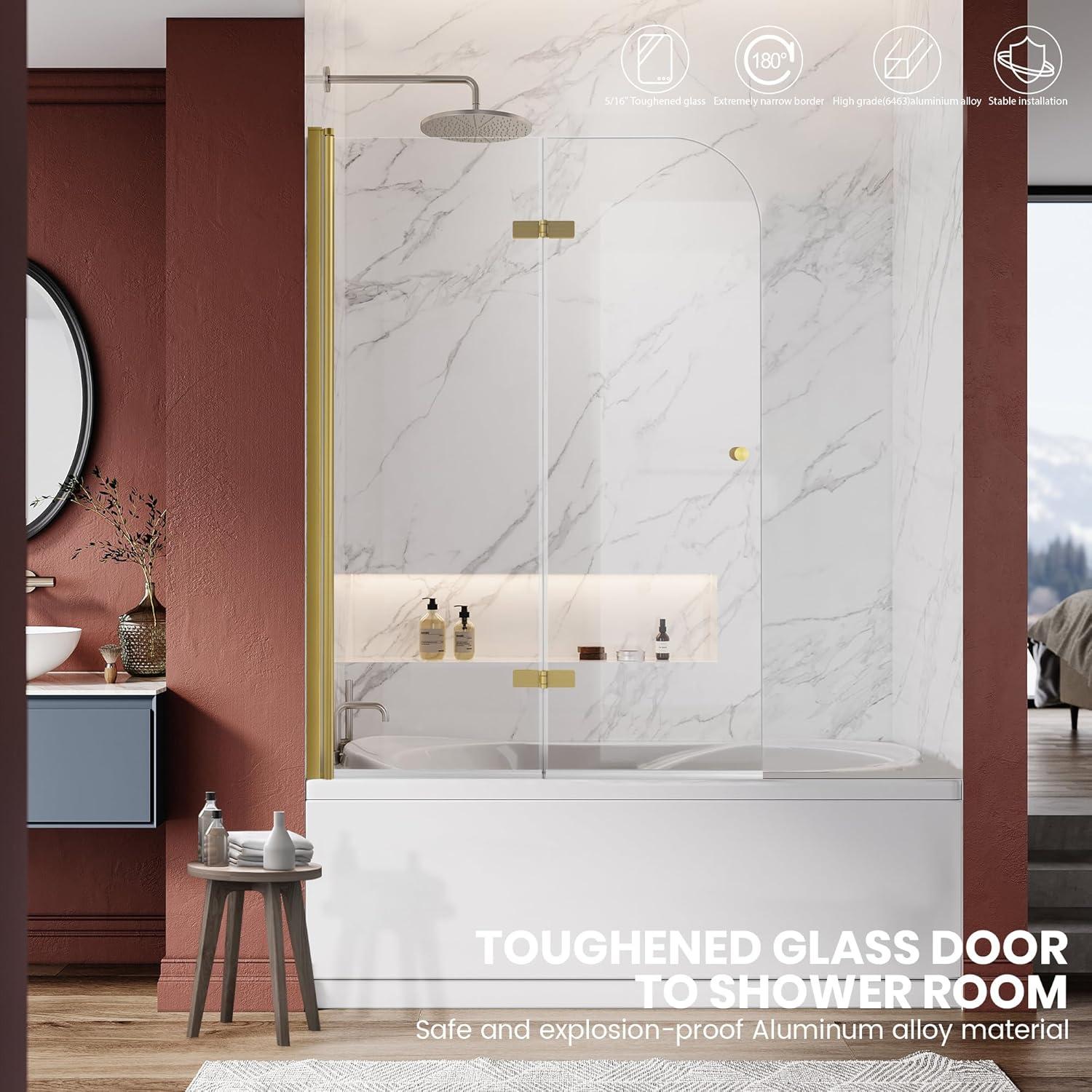 43 In. W * 58 In. H Frameless Folding Shower Doors For Bathtub, 1/4" (6Mm) Thick SGCC Tempered Glass Door, Bathroom Pivot Tub Glass Door