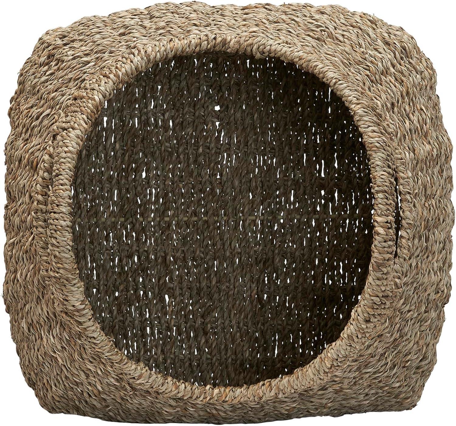 Household Essentials Basket with Handles Seagrass: Handwoven Round Storage, Brown Decorative Wicker, 14" Height