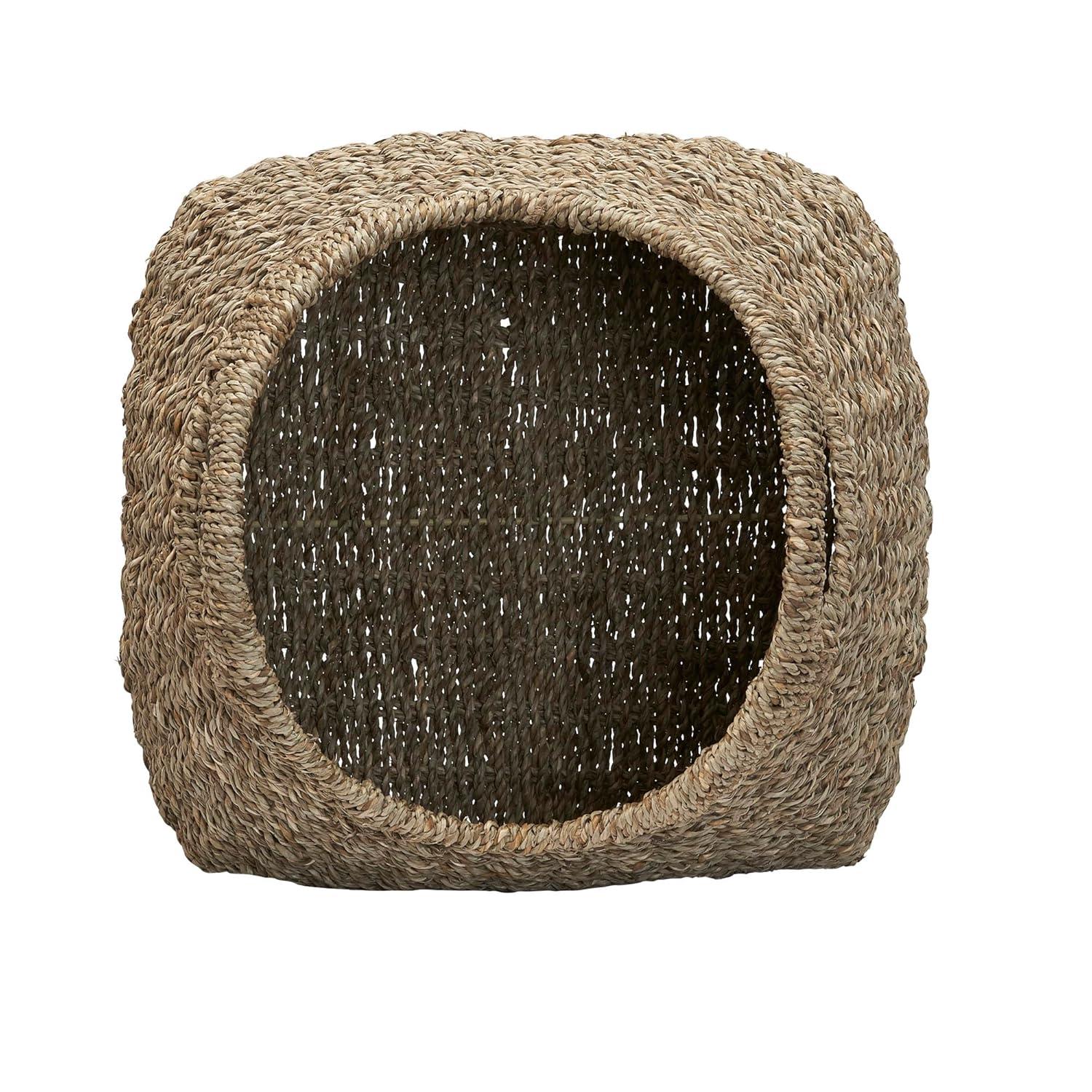 Household Essentials Basket with Handles Seagrass: Handwoven Round Storage, Brown Decorative Wicker, 14" Height