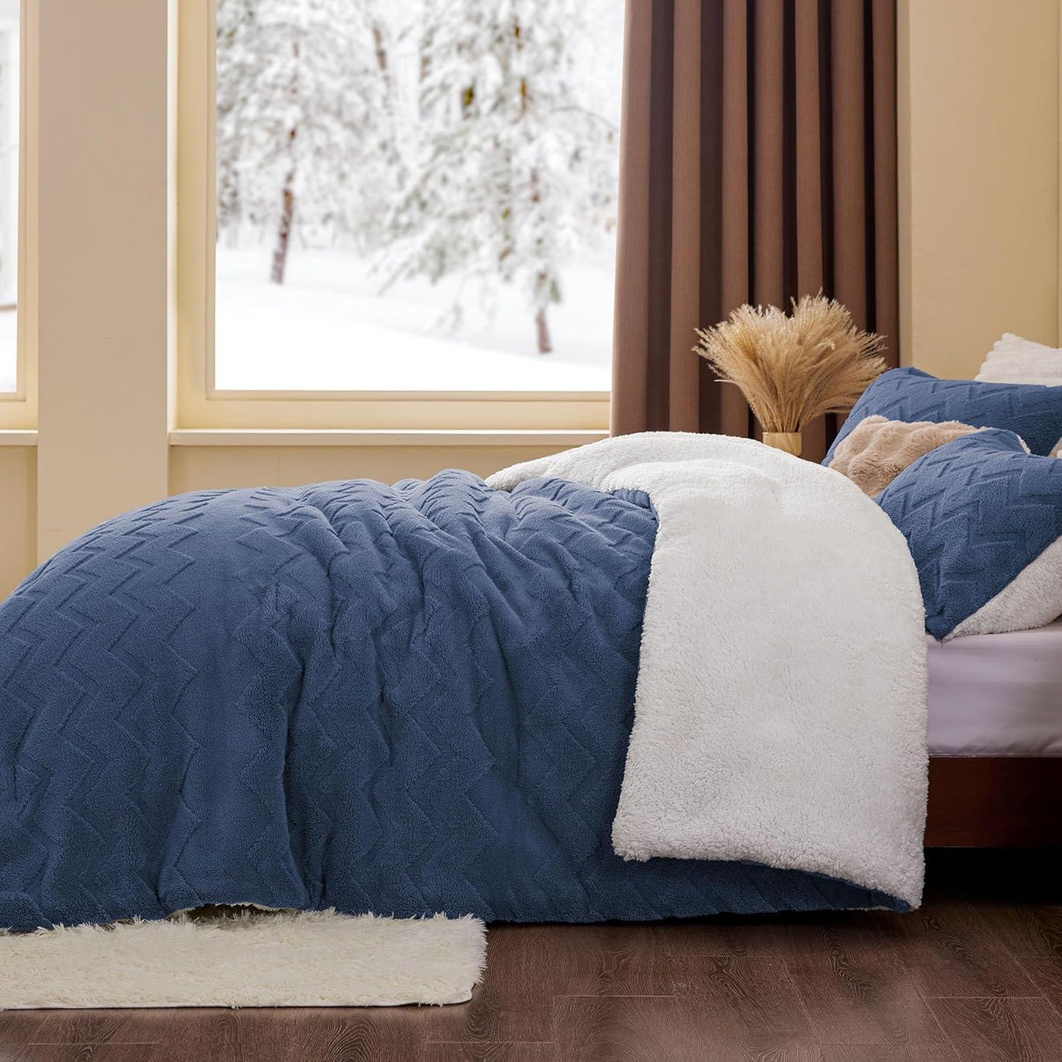 Navy Blue Sherpa Reversible Queen Comforter Set