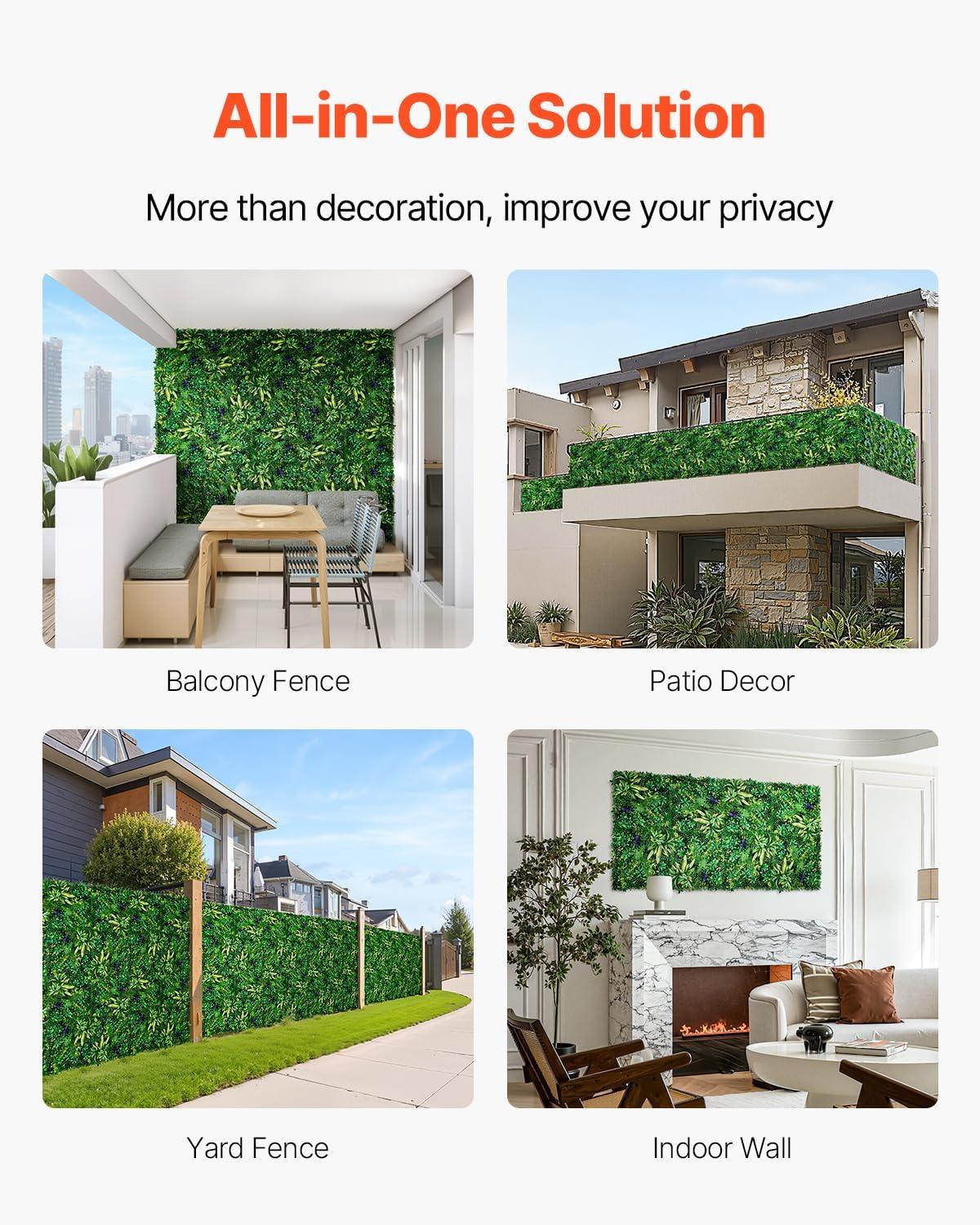 VEVOR Artificial Grass Wall Panels, 12 PCS 20 x 20 inch, 3D Combination Greenery Boxwood Panel for Indoor Outdoor Green Decor & Ivy Fence Covering, Privacy Backdrop Wall Hedge Screen for Garden