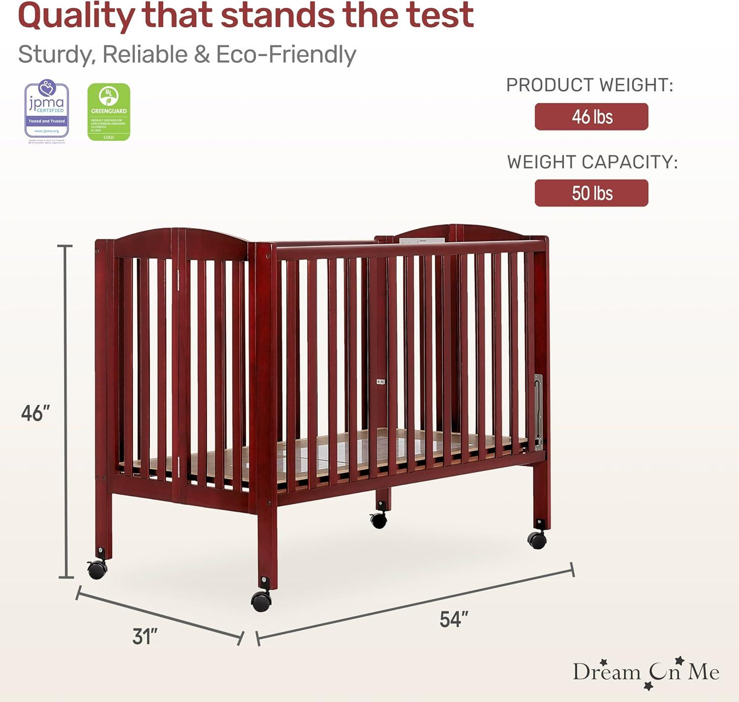 Dream On Me Full Size 2-in-1 Folding Stationary Side Crib, Locking Wheels, Cherry