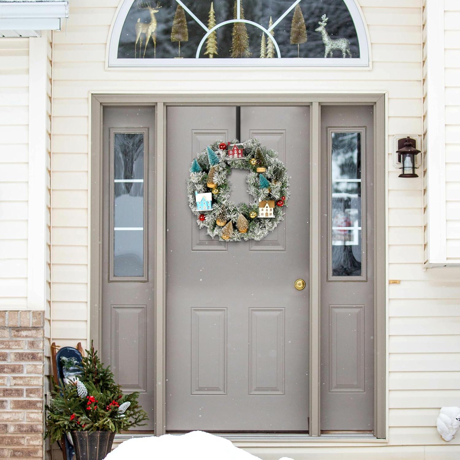 Fraser Hill Farm 24-in. Christmas Snowy Wreath Door Hanging with Ornaments, Wood Houses, Green