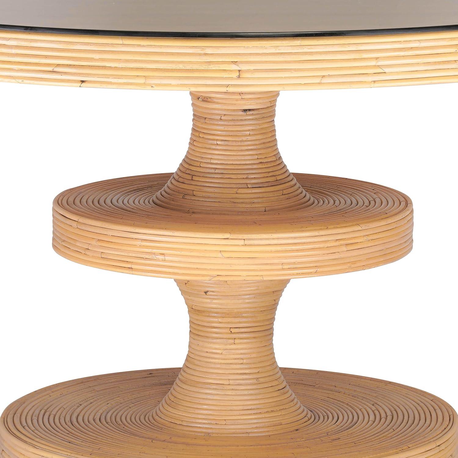 Beige Rattan and Glass Round Dining Table for Six