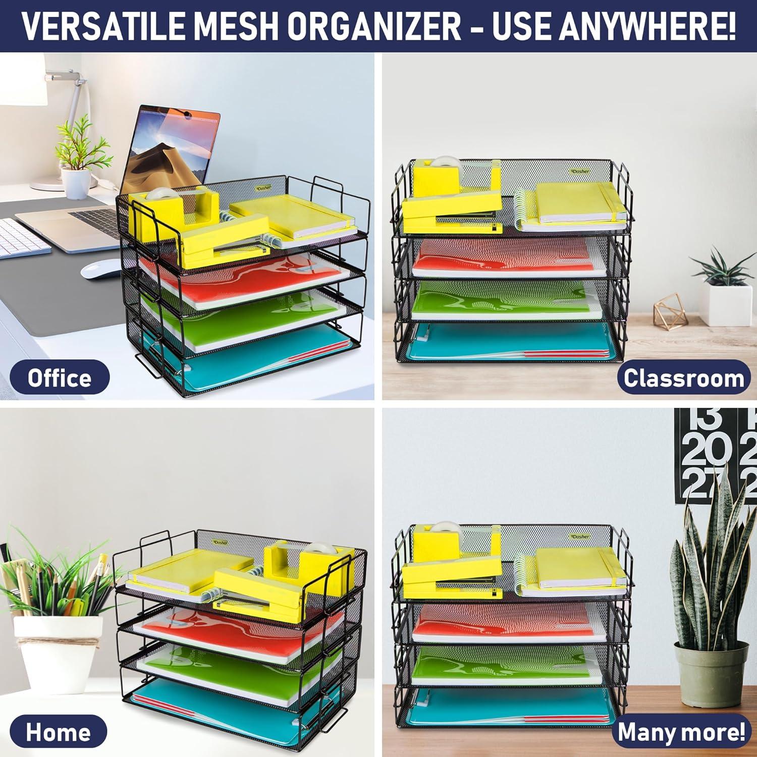 Stackable Paper Tray Desk Organizer – 4 Tier Metal Mesh Letter Organizers for Business, Home, School, Stores and More, Organize Files, Folders, Letters, Paper, Binders