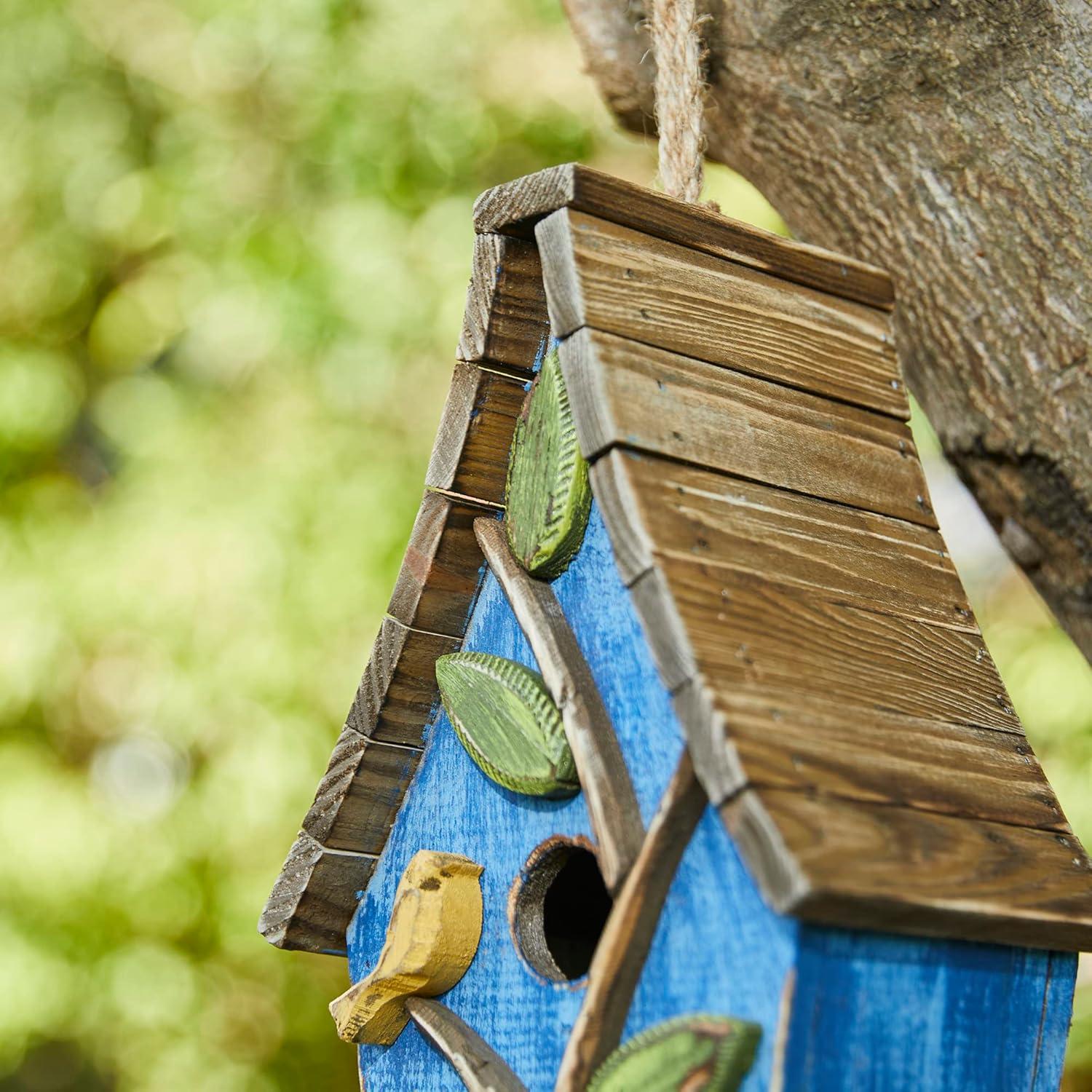 Distressed Blue Wooden Birdhouse with 3D Tree and Slatted Roof