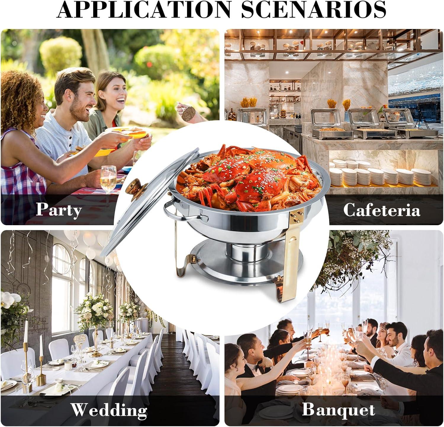 WhizMax Chafing Dish Buffet Set 2 Pack 5QT, Stainless Steel Round Chafing Dishes for Buffet with Lid Holder & Glass Lid, Gold