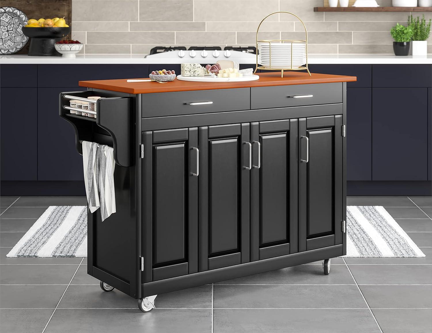 Black Wood Kitchen Cart with Oak Top and Storage