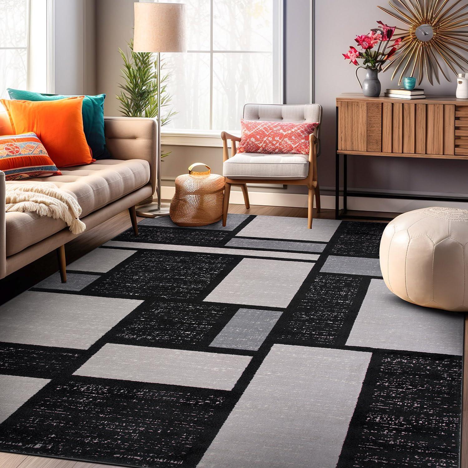 Modern Geometric Gray Synthetic Area Rug 5'3" x 7'3"