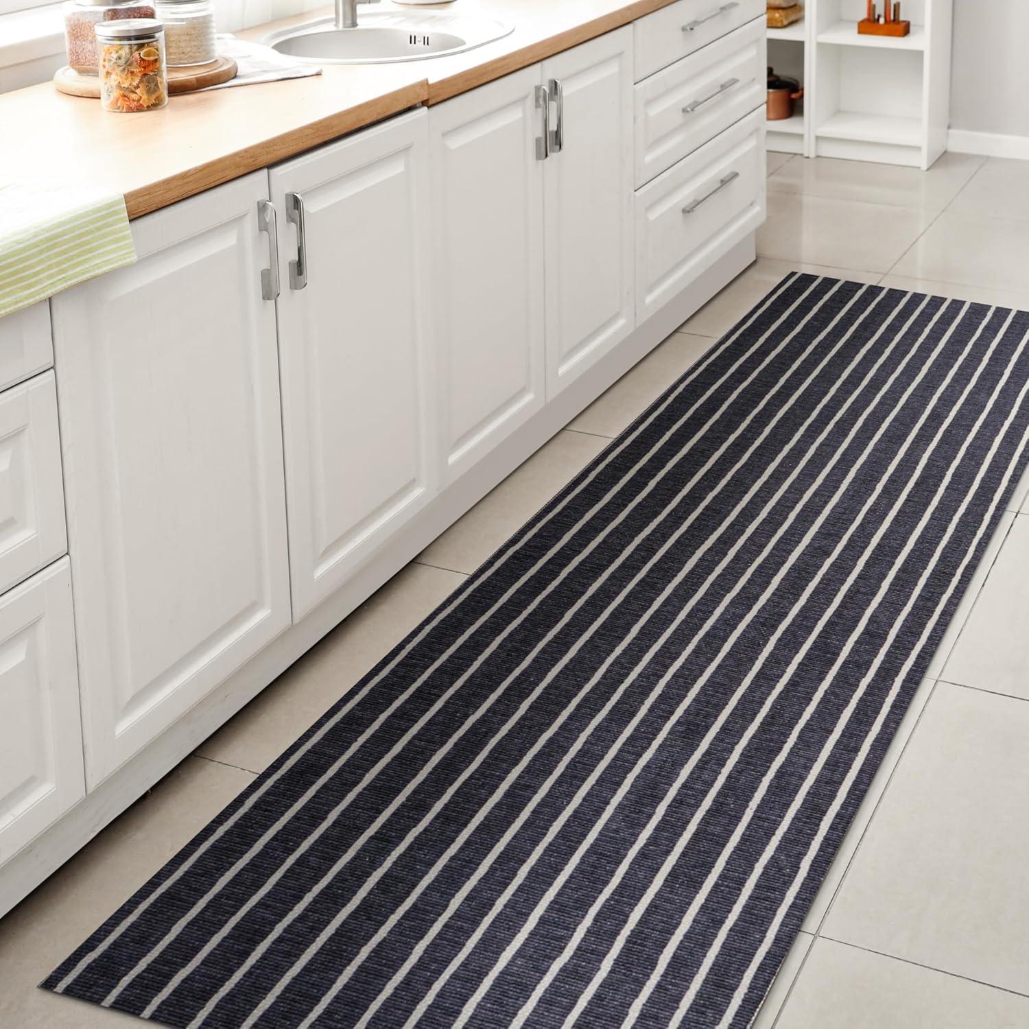2' x 8' Rand Distressed Ticking Stripe Machine-Washable Runner Rug, Navy/Ivory - JONATHAN Y