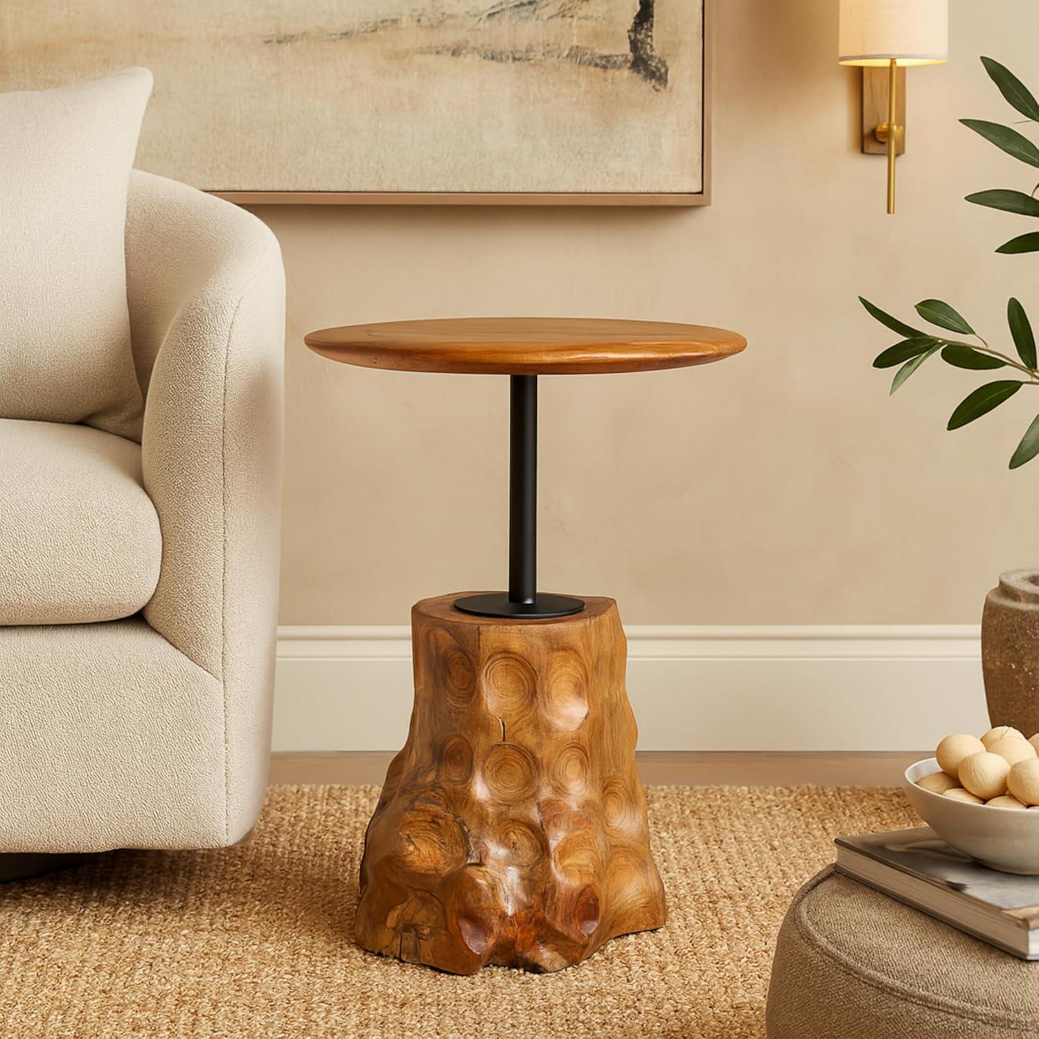 Olivia & May Contemporary Teak Wood Pedestal Accent Table Brown: Round, No Assembly, Small Table
