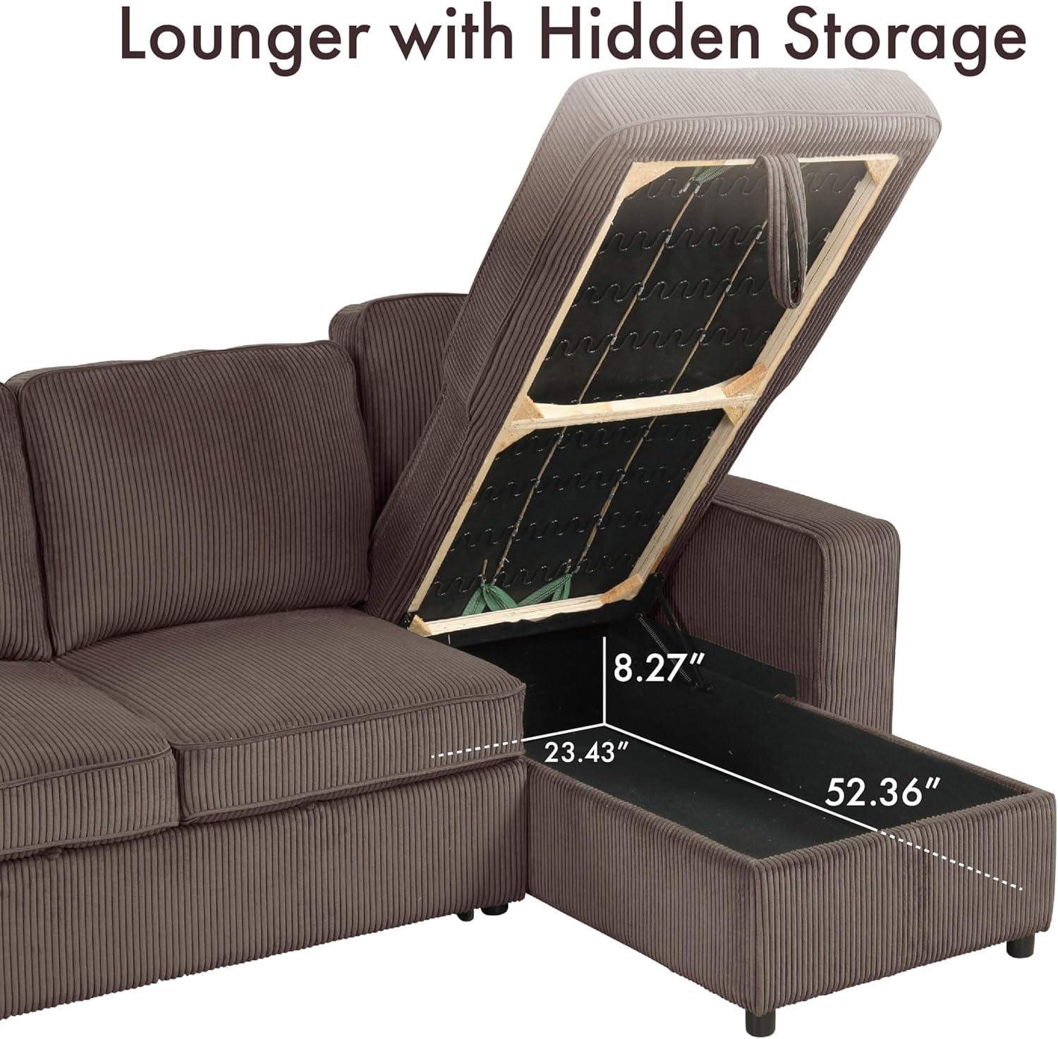 HOMES: Inside + Out Paeke Sleeper Sectional Sofa Corduroy with Storage Chaise and Reversible Brown