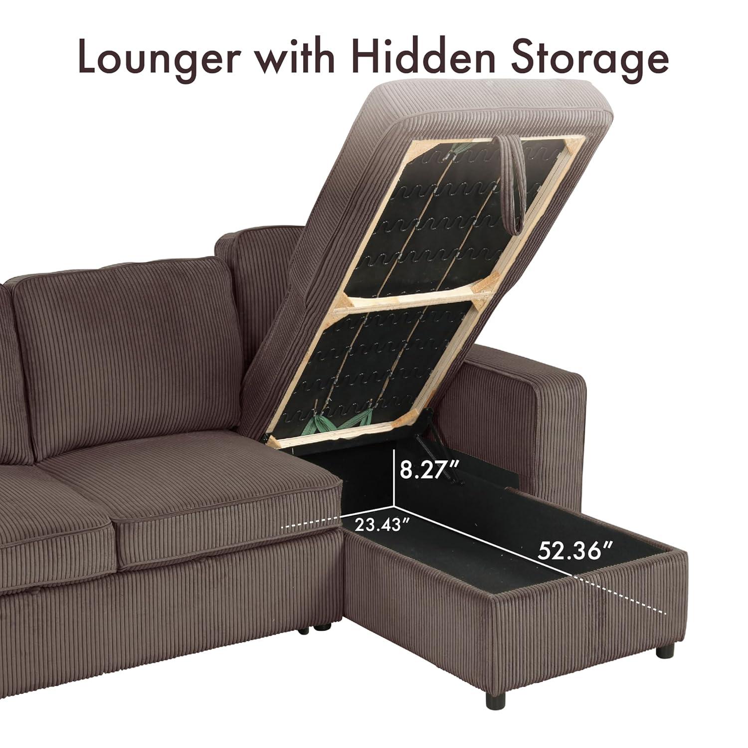 HOMES: Inside + Out Paeke Sleeper Sectional Sofa Corduroy with Storage Chaise and Reversible Brown