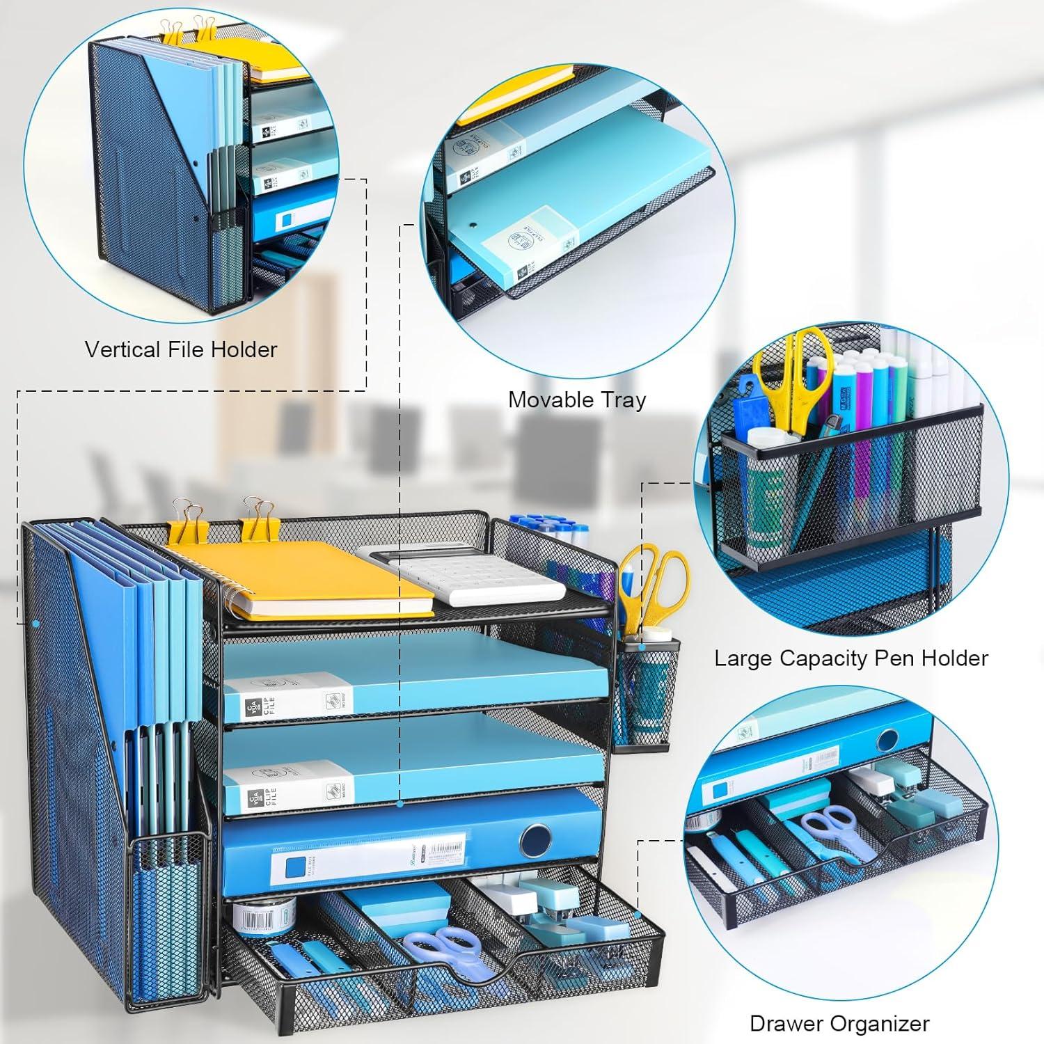 Black Mesh 5-Tier Desk Organizer with File Holder and Pen Tray