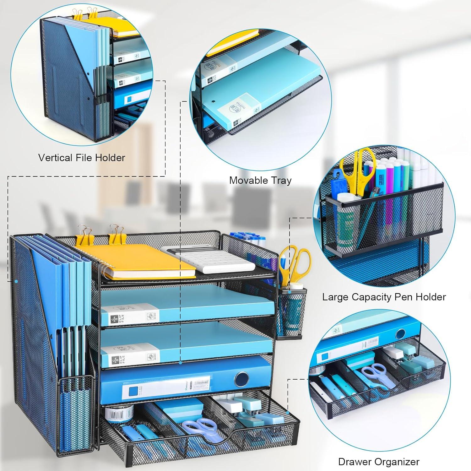 Desk Organizers with File Holder, 5-Tier Paper Organizer Letter Tray with Sliding Drawers and Extra Pen Holder, Mesh Desktop File Organizer for School Office Supplies, Black.