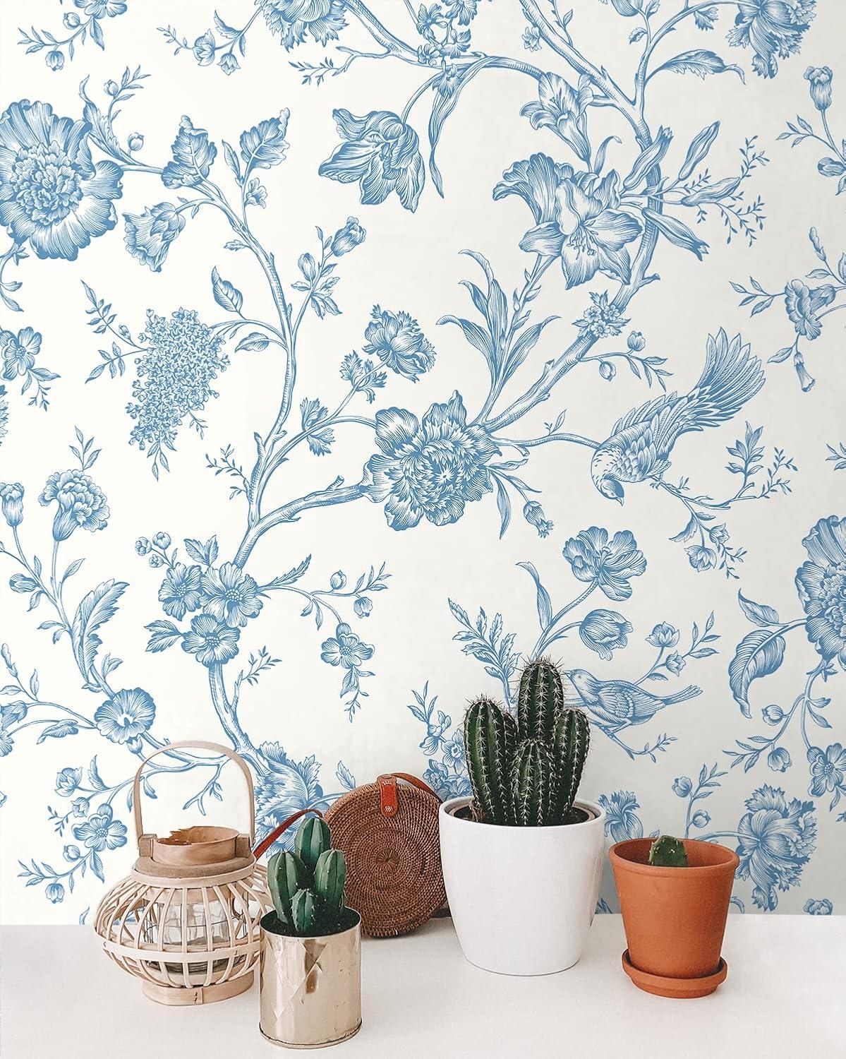 NextWall Carolina Blue Jasmine Chinoiserie Peel and Stick Wallpaper