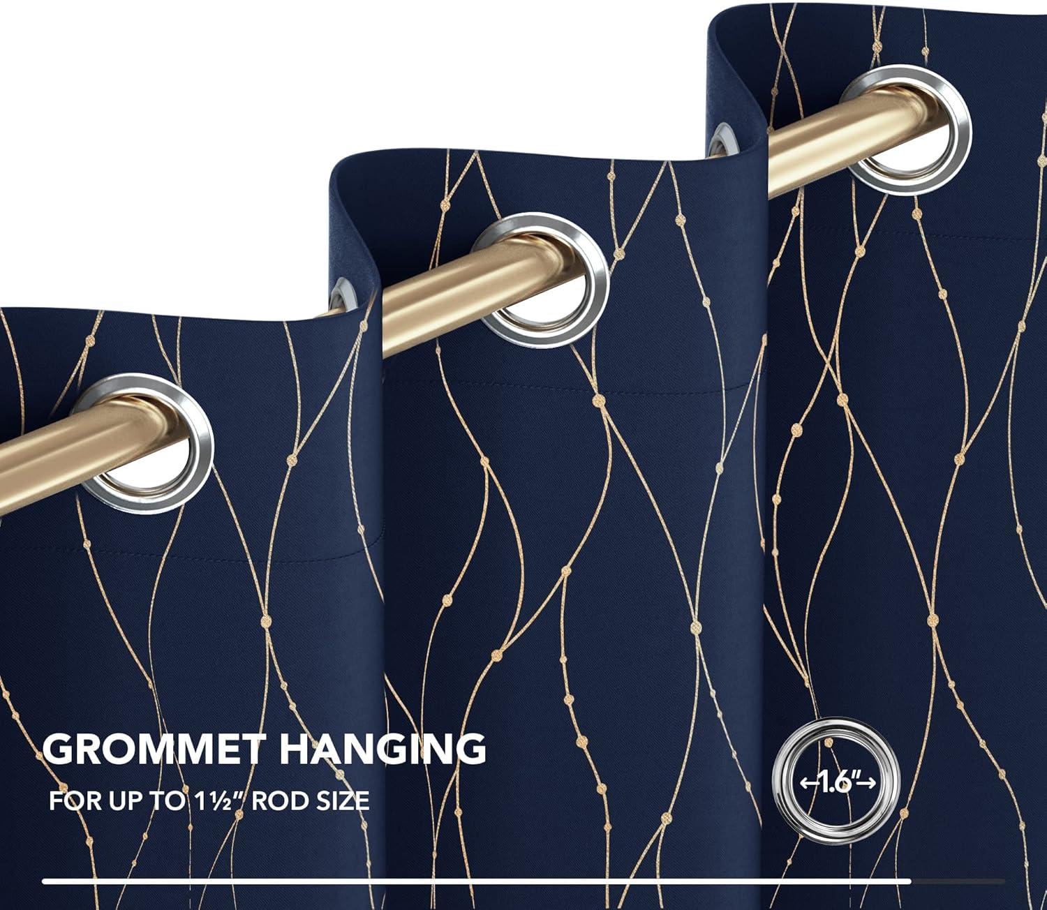 Deconovo Room Darkening Blackout Curtains, Navy Blue, 42W x 45L Inch, Gold Foil Printed Wave Line and Dots Pattern Grommet Window Drapes