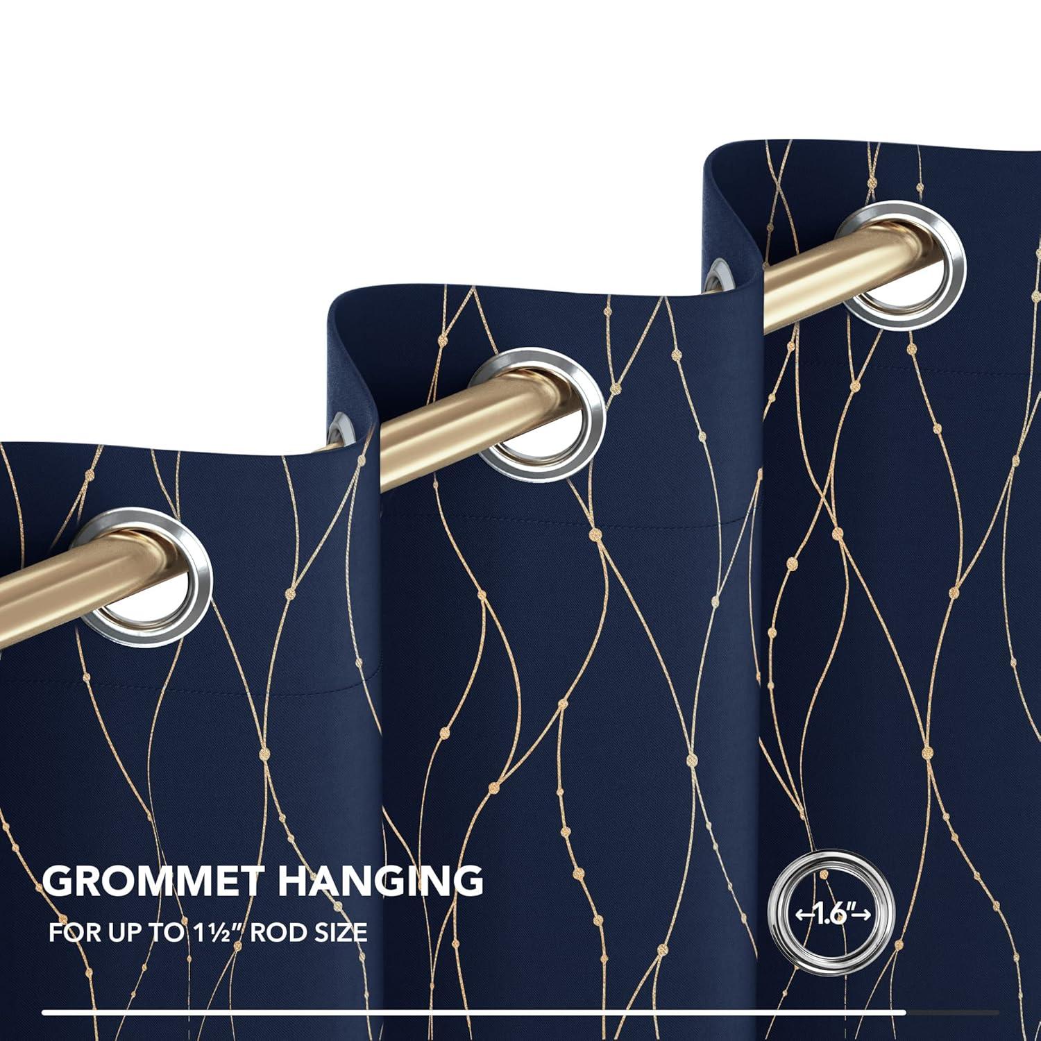 Deconovo Room Darkening Blackout Curtains, Navy Blue, 42W x 45L Inch, Gold Foil Printed Wave Line and Dots Pattern Grommet Window Drapes