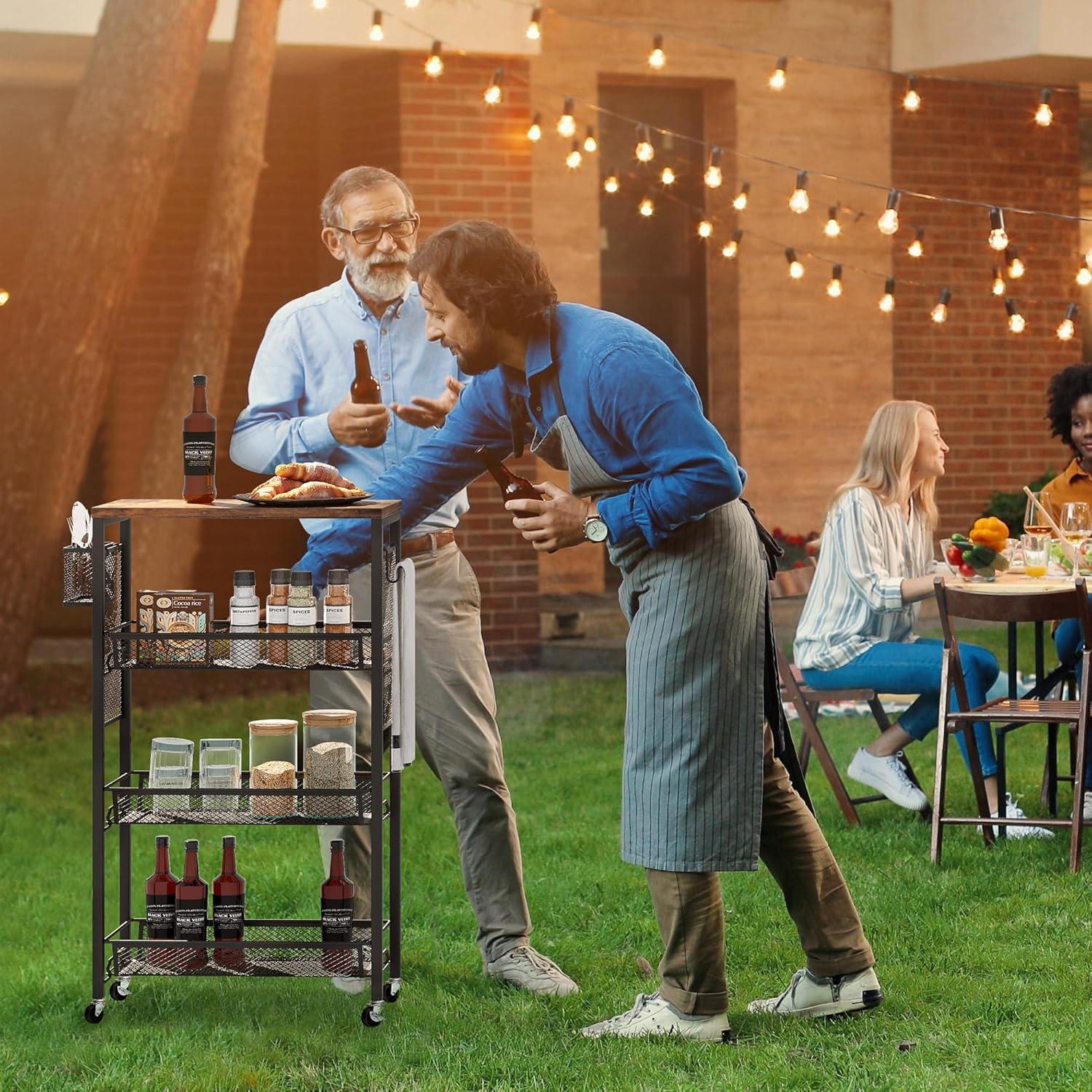 DWVO 4-Tier Slim Rolling Cart on Wheels, 34" Wooden Tabletop Kitchen Storage Organizer Cart with Wire Mesh Baskets, Slide-Out Storage Cart for Kitchen, Bathroom Living Room (White)