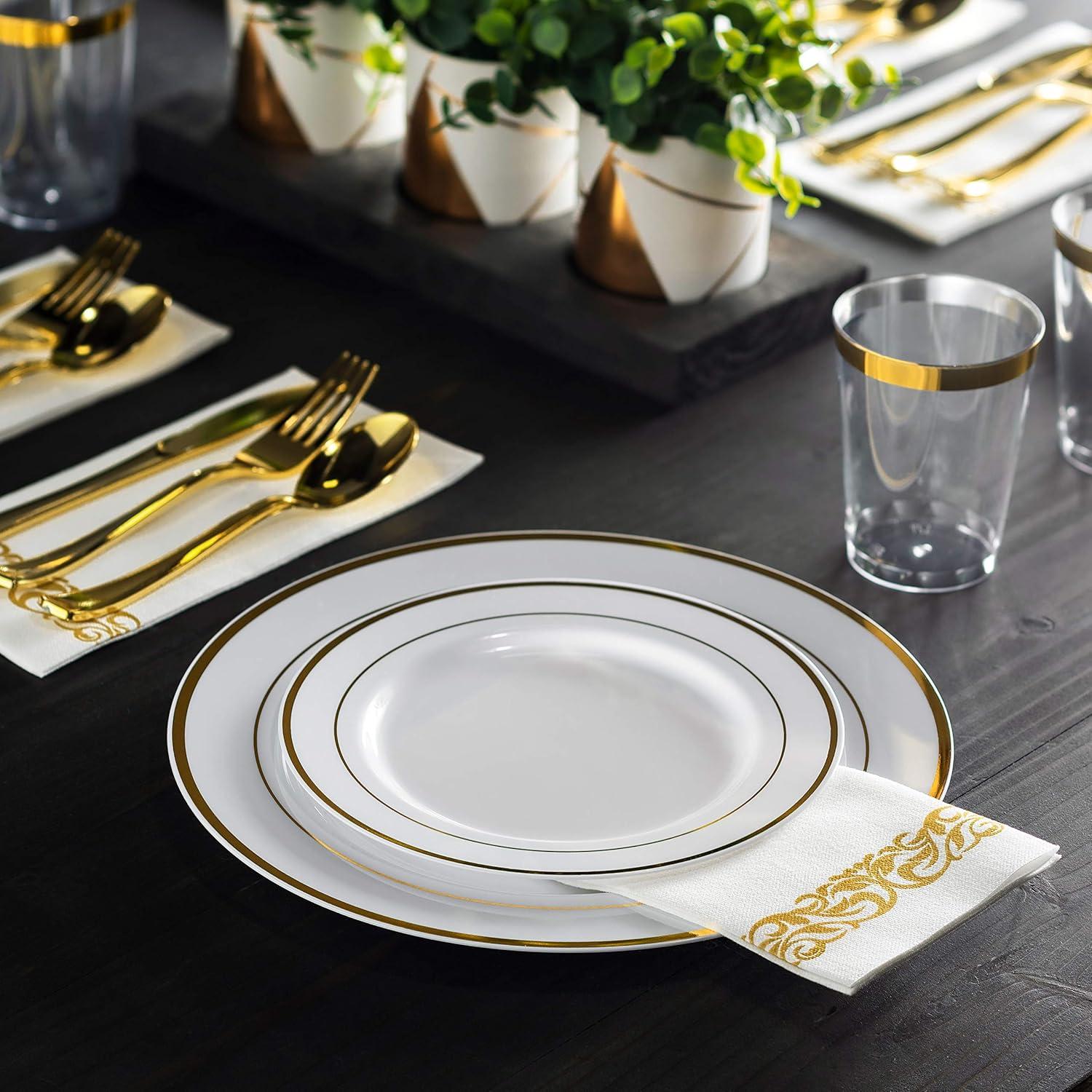 Gold Rim Plastic Plates Party Supplies Kit for 50 Guests