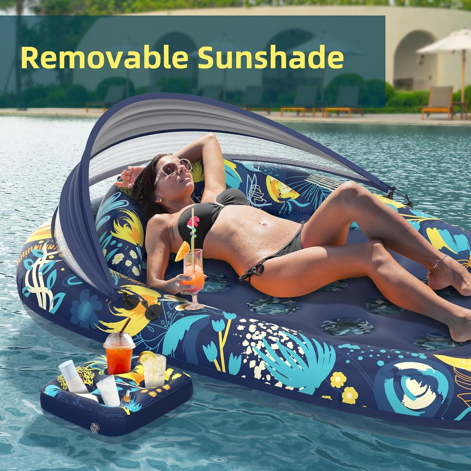 3-in-1 Pool Floats with Canopy Cup Holder, XL Large 73" x 48" Inflatable Pool Floats for Adults Lounger Raft Floating Chair for Swimming Pool Lake Water Lounge Float Beach Pool Party Toys