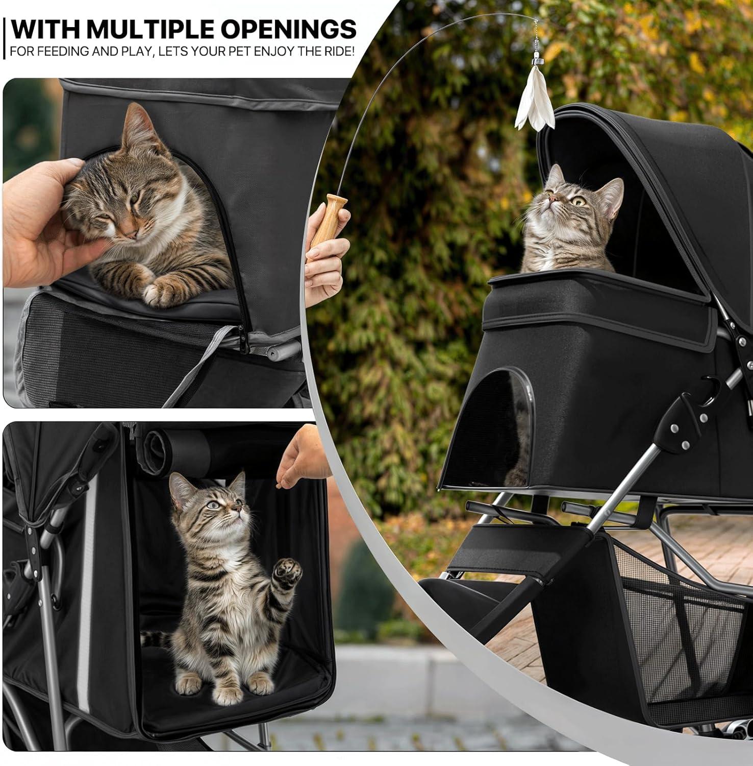 ATCHISON Foldable Pet Stroller, 3 Wheels Folding Carrier Jogger Stroller for Dogs Cats with Canopy and Basket