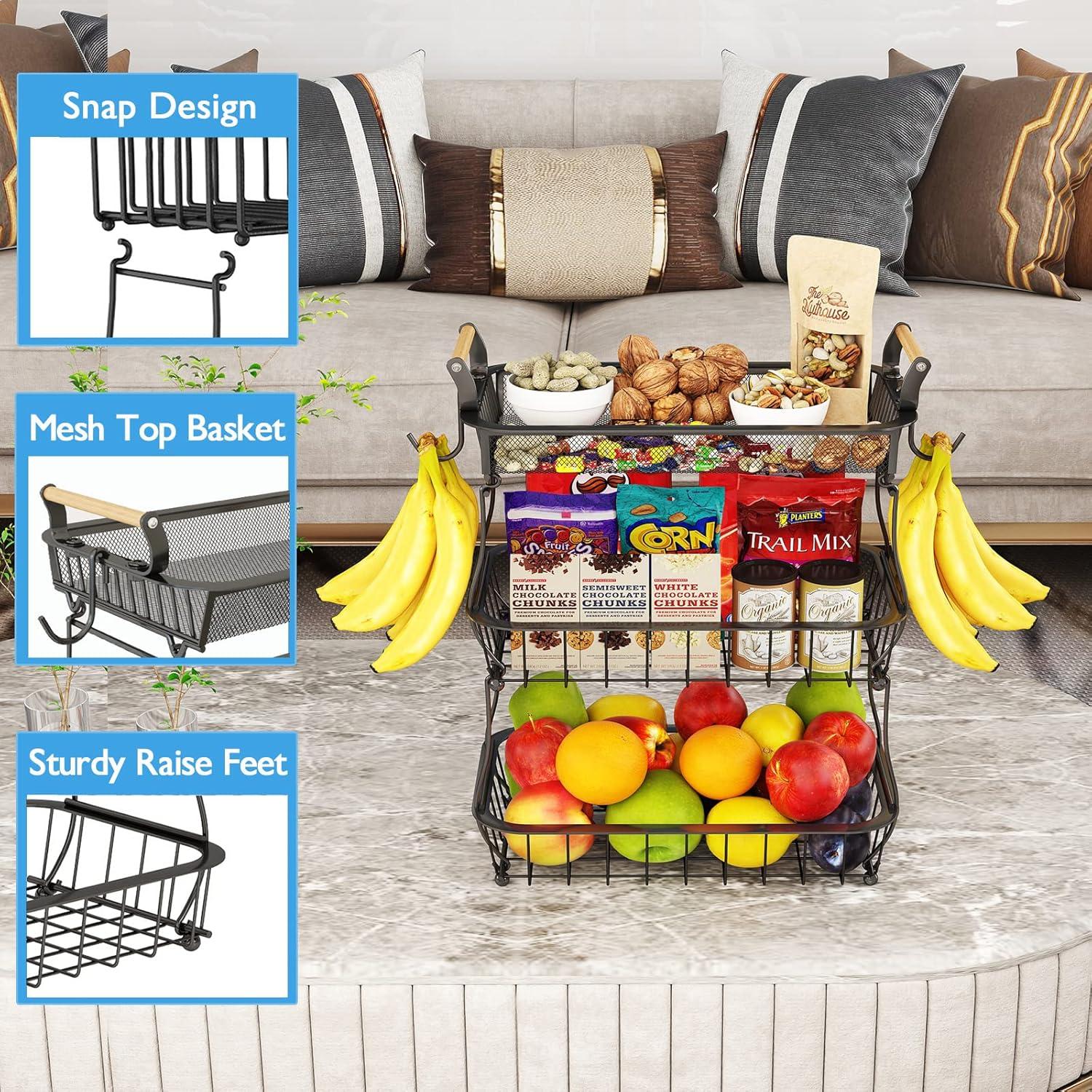 3 Tier Fruit Basket Bowl with 2 Banana Hangers for Kitchen Counter, Vegetable Countertop Produce Storage Holder, Large Capacity Metal Wire Fruits Stand Organizer for Onion Potato Bread Snack, Black