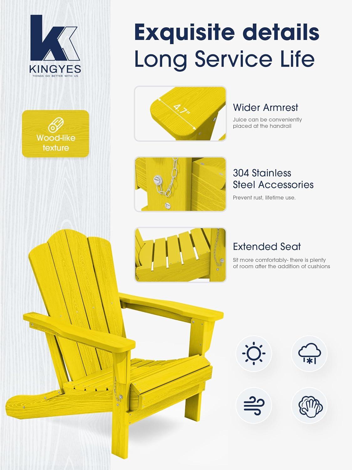 KINGYES Folding Adirondack Chair Set of 2, HDPE All-Weather Folding Adirondack Chair, Yellow
