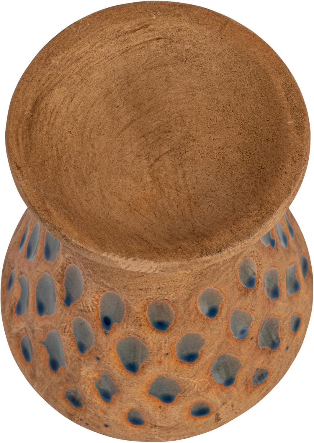 Natural and Blue Debossed Ceramic Candle Holder, 6.5 Inches