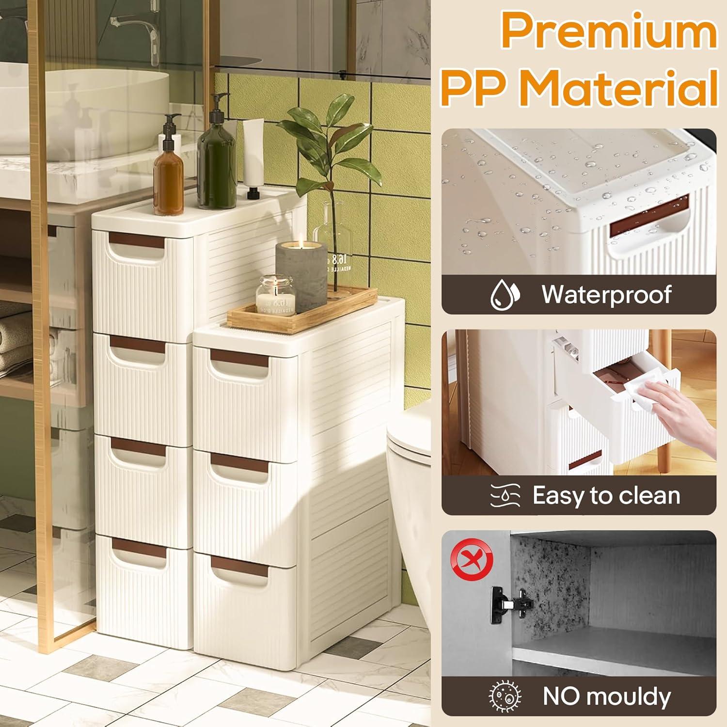 Rebrilliant Slim Plastic Rolling Storage Cabinet With 4 Drawers For Bathroom, Kitchen, Laundry - White