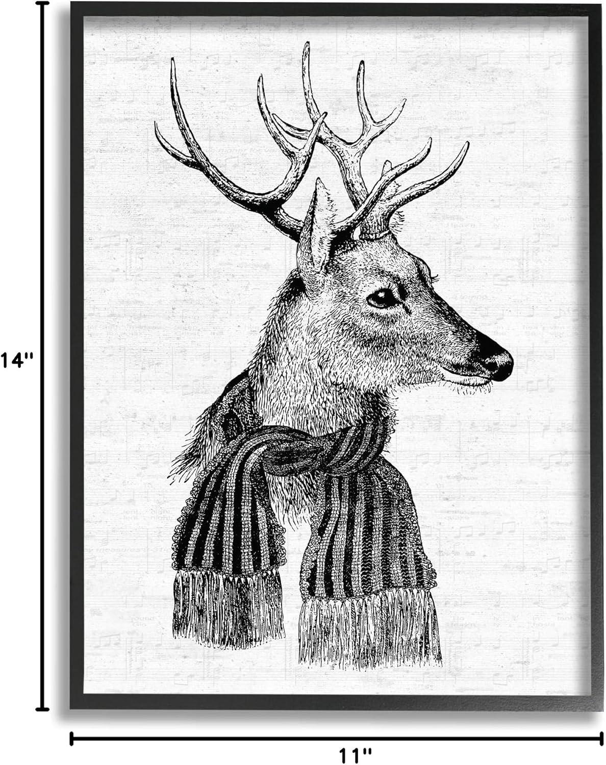 Reindeer in Scarf Black and White Canvas Print with Black Frame, 11 x 14