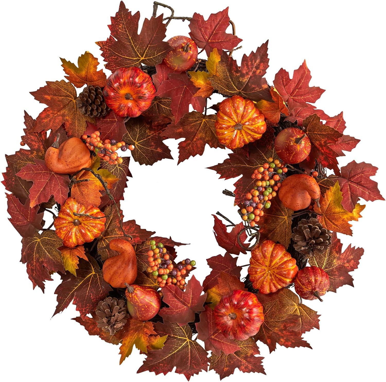 24" Autumn Maple Leaves and Pinecone Artificial Fall Wreath