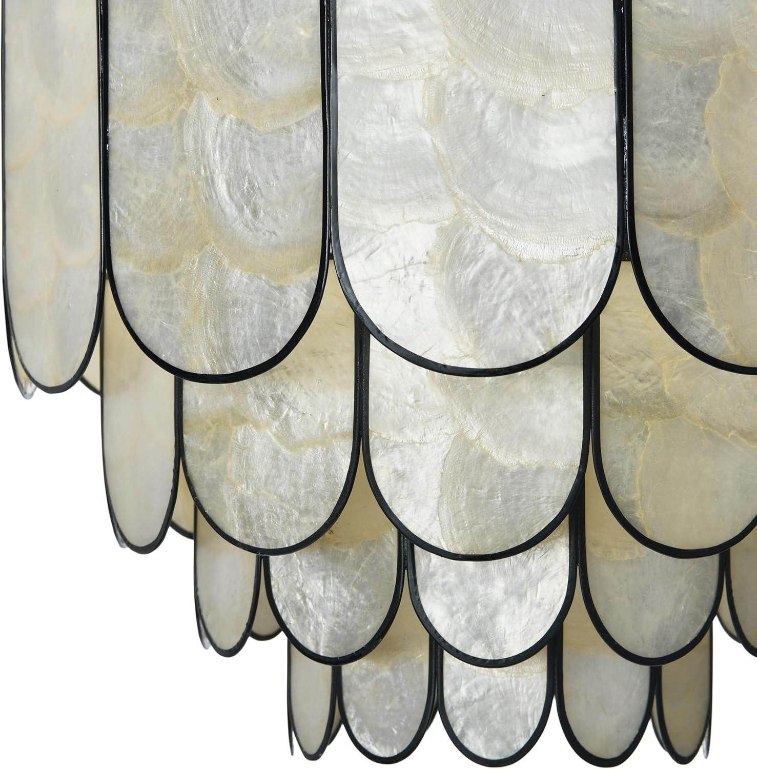 Storied Home 14" Round 4-Tier Capiz and Metal Flush Mount Ceiling Light Black: UL Listed, Iron Body, Off-White Shade