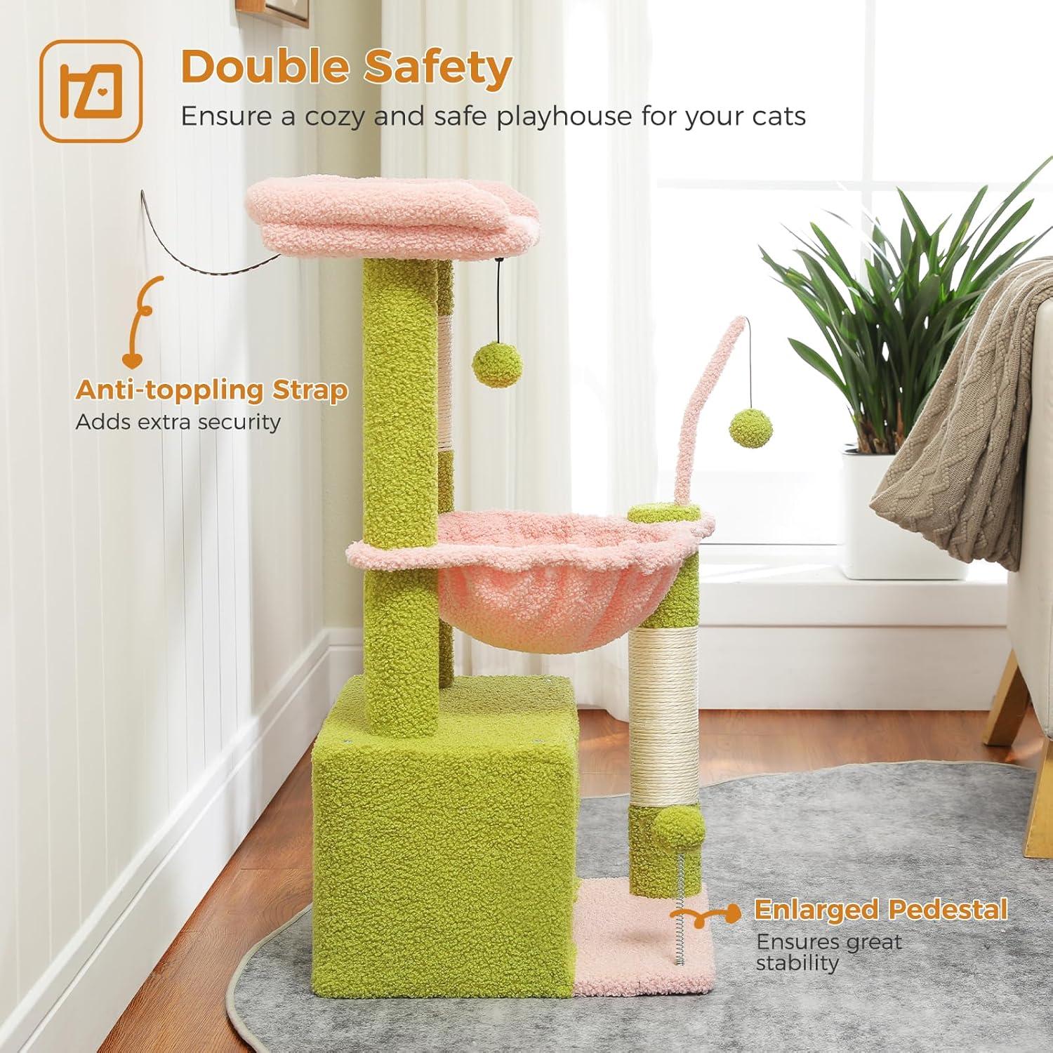 PEQULTI 4-In-1 Multi-Level Cat Tower, 33'' Pink Cat Tree For Indoor Cats With Large Cat Condo, Cat Scratching Post For Cats With Deep Hammock& Cozy Top Perch