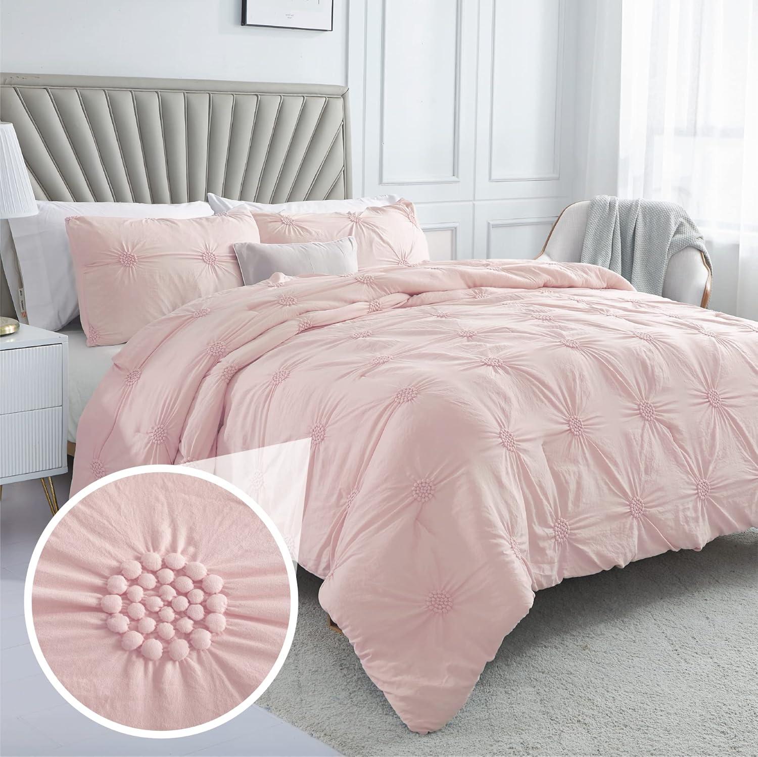 Swift Home Premium Bedding Set Collection 2-Piece Ruched 3D Floral Pintuck Comforter Set – Rose Blush, Twin/Twin XL (68”x90”)