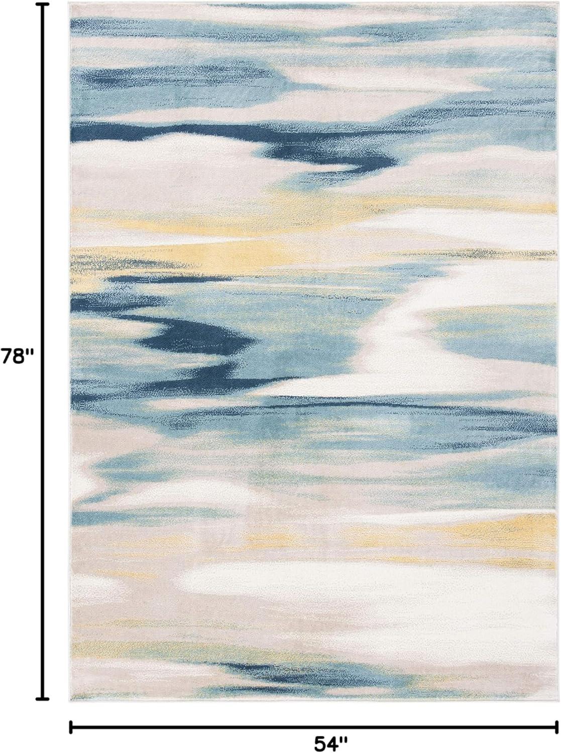 Beige and Navy Abstract Stain-Resistant Synthetic Rug, 4'-5" x 6'-5"